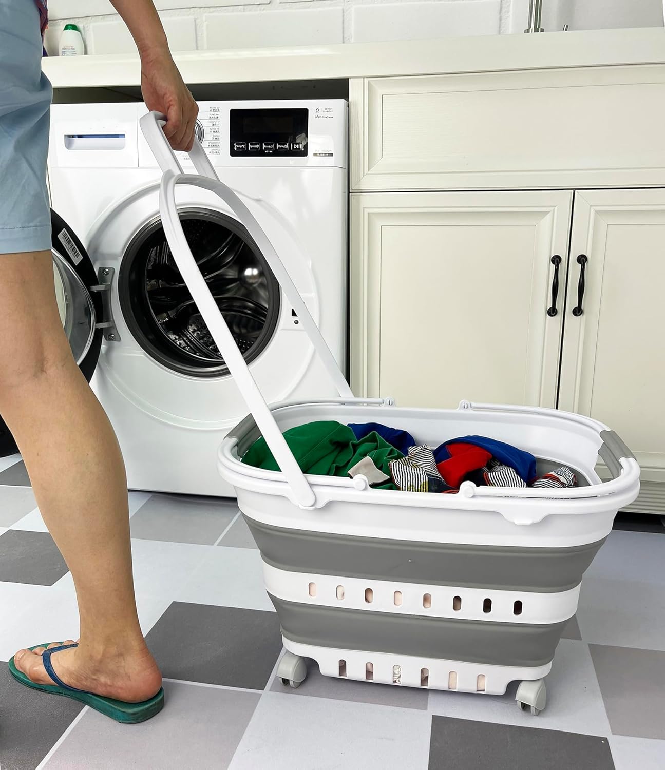 SAMMART 35L (9.24 Gallons) Collapsible Plastic Laundry Basket with Handle and Wheels - Foldable Pop Up Storage Container/Organizer with handle and wheels - Space Saving (1, White/Grey)