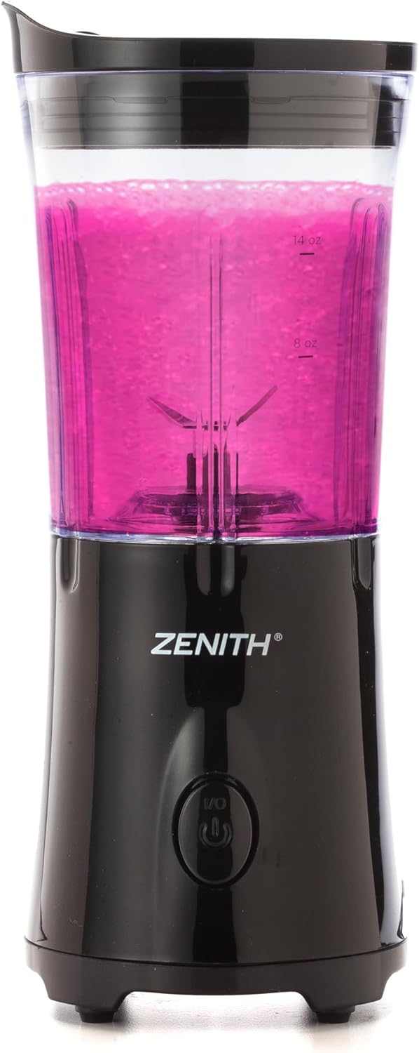 Zenith Portable Blender for Shakes and Smoothies with 14 Oz BPA Free Travel Cup and Lid, Durable Stainless Steel Blades for Powerful Blending Performance, Black (77406)