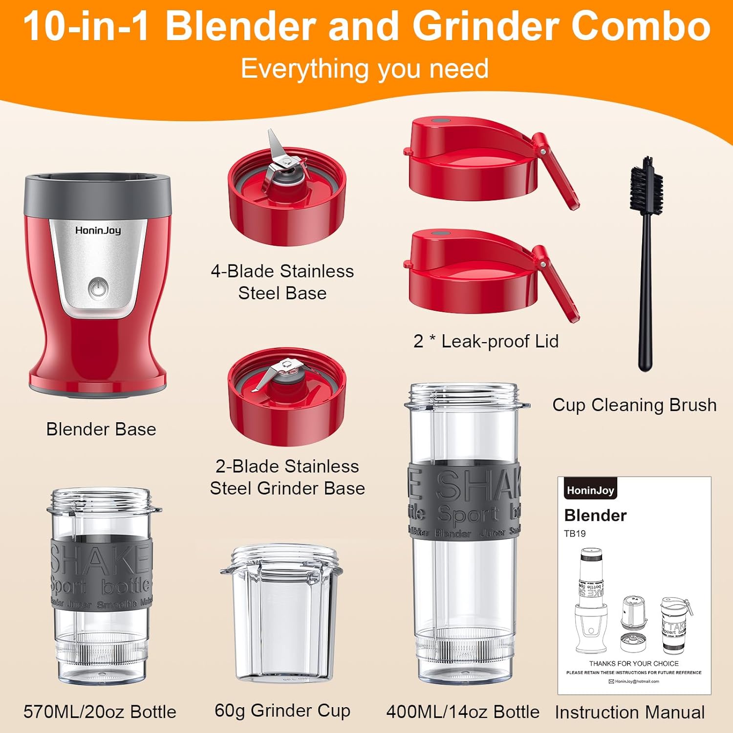 10 In 1 Personal Blender And Grinder Combofor Kitchen, Smoothie Juicer Machines Vegetable And Fruit, For Shakes And Smoothies, Smoothies Maker With 2 Portable Cup, Red