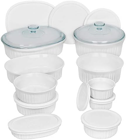 CorningWare French White 20-Pc Ceramic Bakeware Set with Lids Chip and Crack Resistant Stoneware Baking Supplies, Microwave, Dishwasher, Oven, Freezer and Fridge Safe