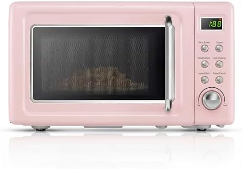 ARLIME Retro Microwave 0.7Cu.ft, 700 Watt Countertop Microwave with 5 Micro Power Defrost & Auto Cooking Function, LED Display, Child Lock, Pink Small Microwave for Kitchen, RV, Dorm