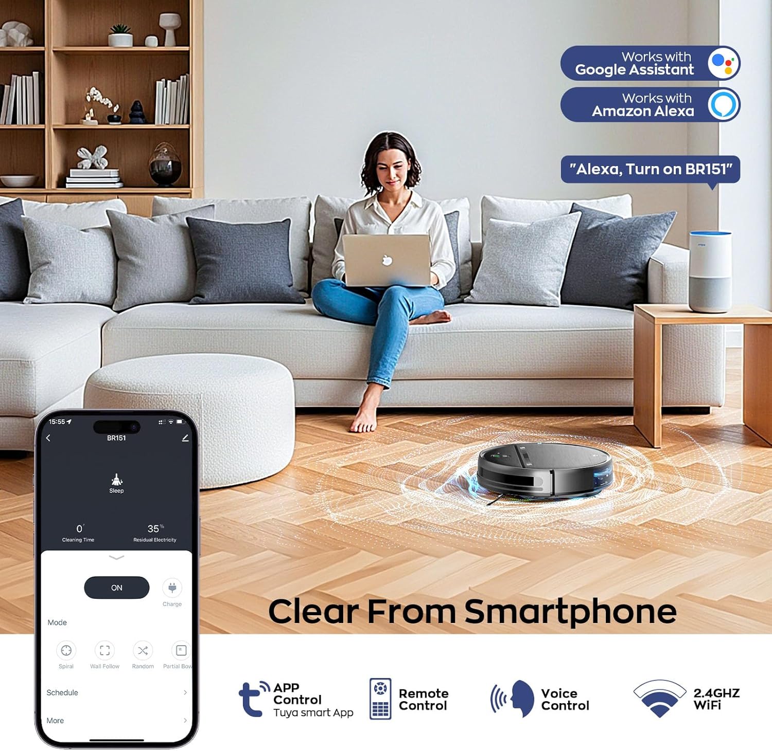 Robot Vacuum and Mop Combo, 2-in-1 Mopping Robot Vacuum Cleaner with 2300Pa Suction, 2.87'' Slim Design, Wi-Fi/App/Voice Control, 3D Obstacle Avoidance&Self-Charging for Hard Floors, Carpets, Pet Hair
