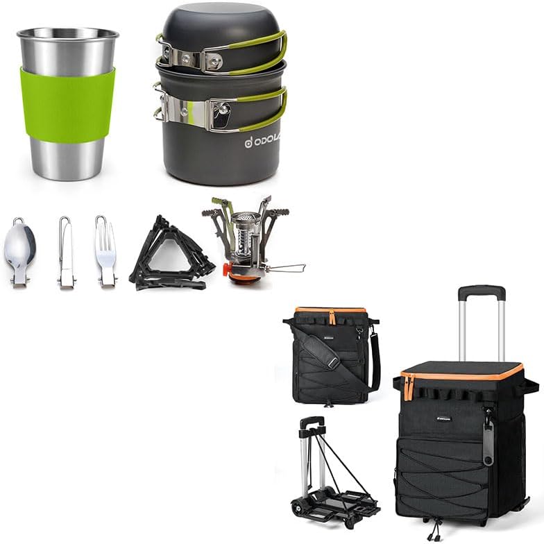 Odoland Bundle - 2 Items Camping Cookware Stove and Tableware Kit and 48 Cans Soft Cooler with Wheels and Handle