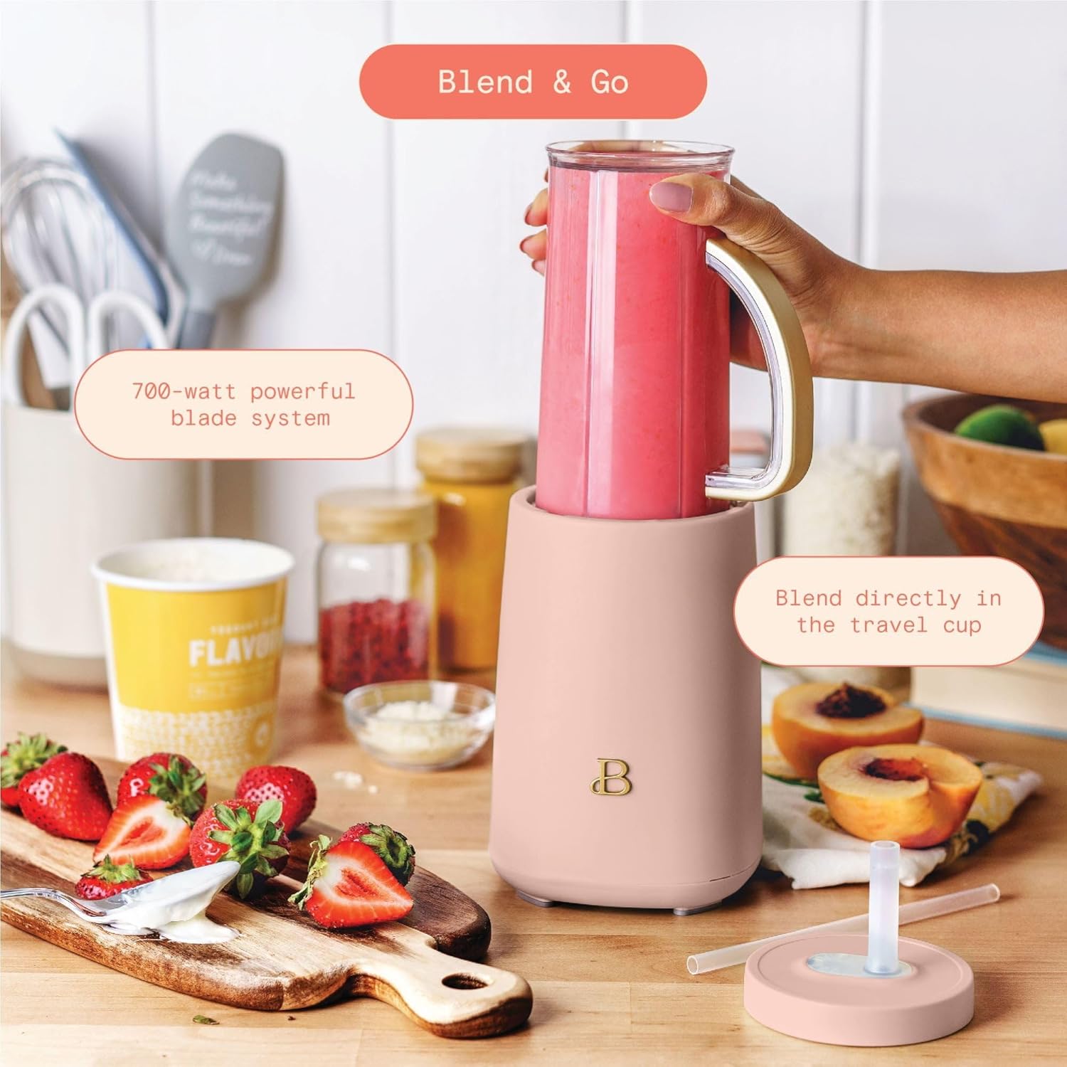 Beautiful 12-Piece Personal Blender Set, 240W Power, With Blend-and-Go Cups, Leak-Resistant Lids, Easy Clean, Compact Design, Ideal For Smoothies, Shakes & Meal Prep (Rose)