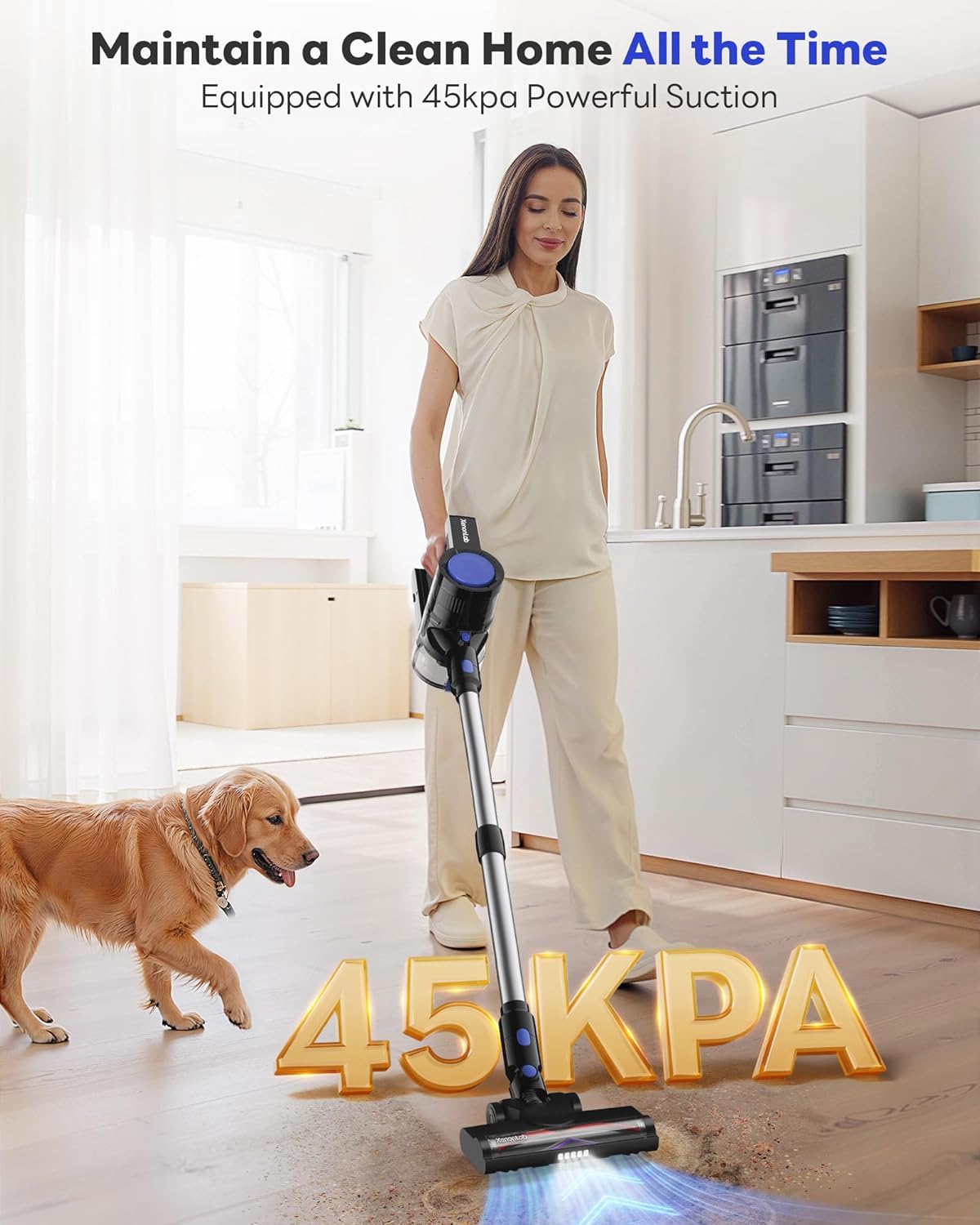 Cordless Vacuum Cleaner, 45KPA Stick Vacuum Cleaners for Home with Up to 45 Mins Runtime, 6-in-1 Rechargeable Lightweight Vacuum with Powerful Suction for Carpets, Pet Hair, Hardwood Floors