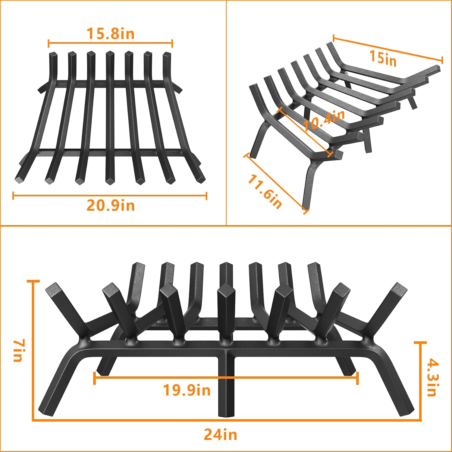 Mr IRONSTONE Fireplace Grate 24 inch Solid Steel Heavy Duty Firewood Log Burning Rack Fire Grates for Outdoor Kindling Tools Pit Indoor Fireplace Log Holder Wrought Iron Wood Stove