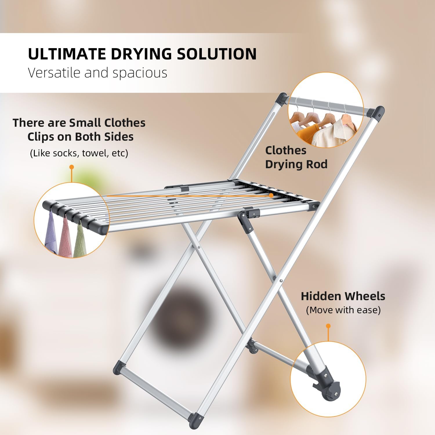 Clothes Drying Rack, Foldable Laundry Rack for Indoor Outdoor, 10pcs Sock Clips, Collapsible Space-Saving Drying Rack for Clothes Towels Dolls, White (Gray)