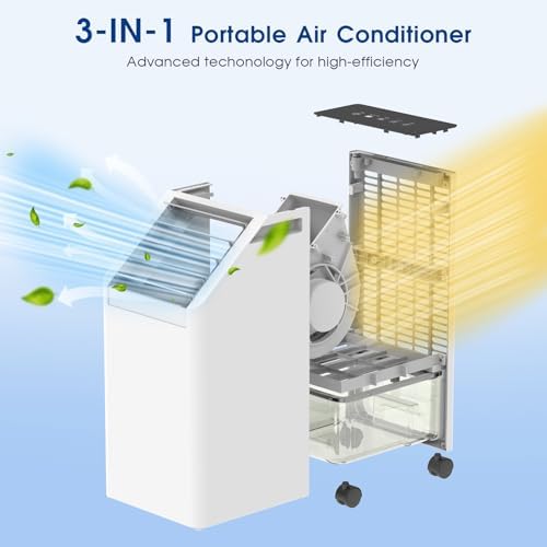 3-IN-1 Windowless Portable Air Conditioner, Evaporative Air Cooler with 90° Oscillation, 3 Speeds, Remote, 1 Gal Water Tank, 4 Ice Packs, Timer, Fast Cooling Fan for Indoor (white, 1.05 Gal)