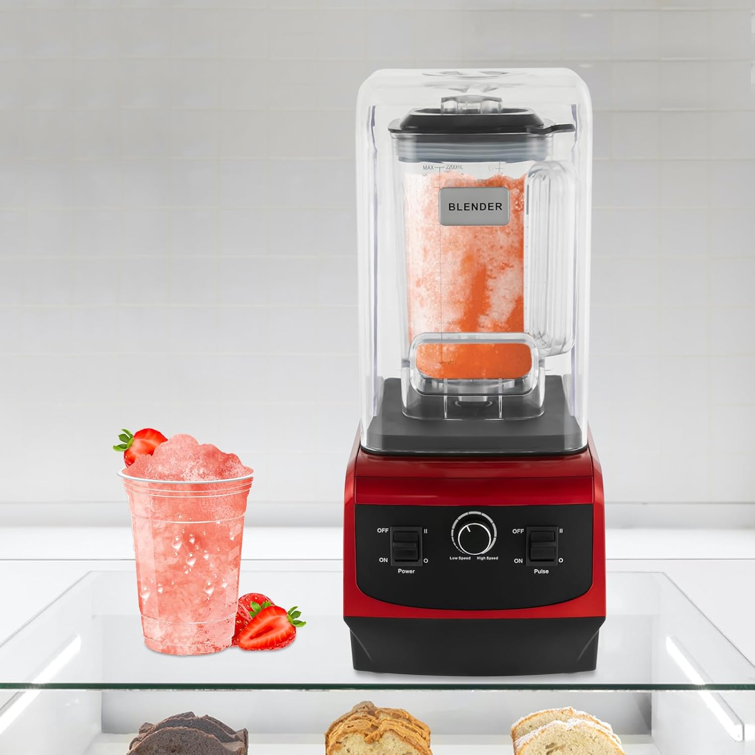 Commercial Blender with Soundproof Cover, Professional Smoothie Machine 74.4oz Capacity, Removable Shield, 420 Stainless Steel Blade for Kitchen, Fruits, Shakes, Smoothies, and Frozen Drinks (Red)
