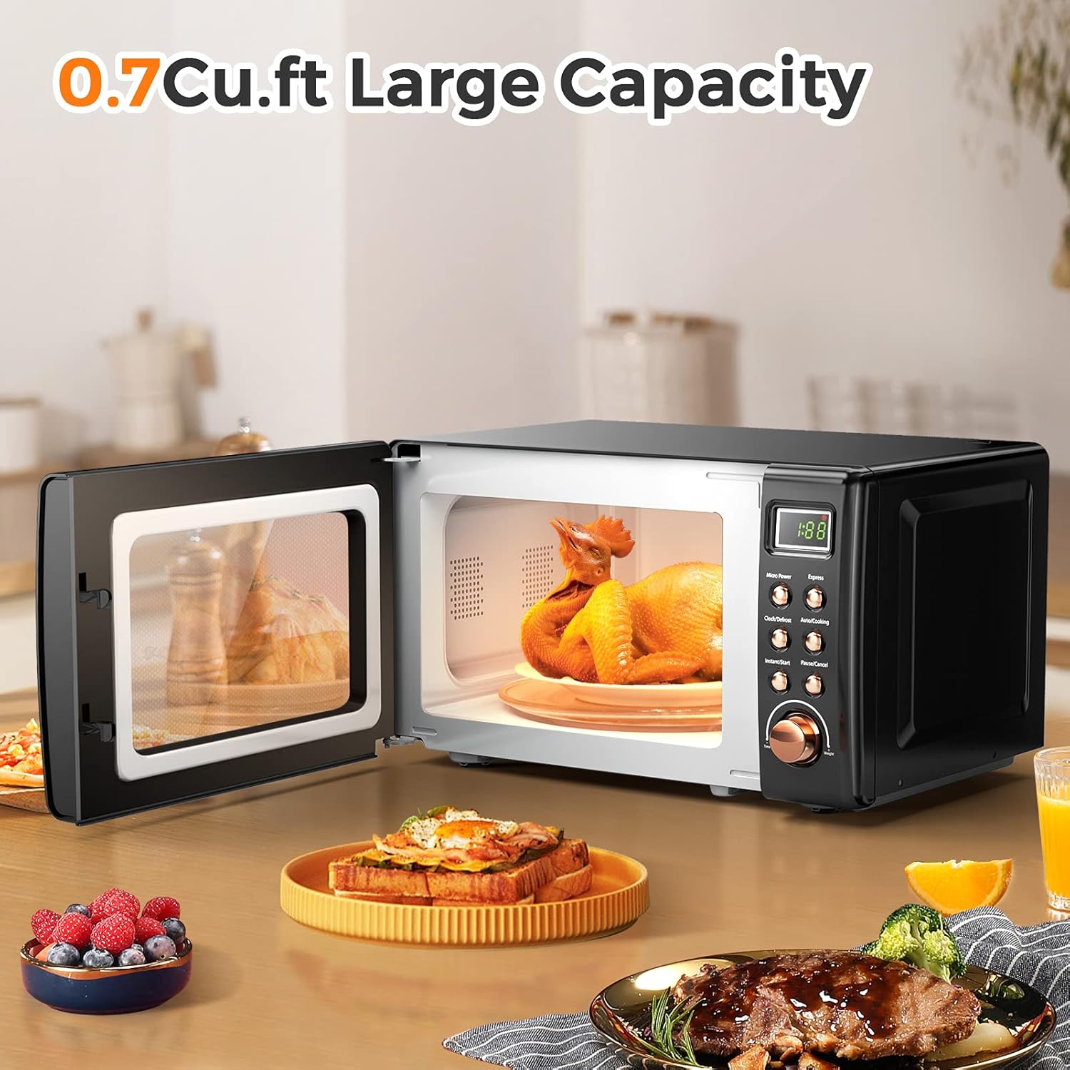 LDAILY 0.7Cu.ft Retro Small Microwave Oven, 700W Compact Countertop Microwave with 5 Power Levels, Auto Cooking Menus, Glass Turntable, Child Lock & Glass Turntable for Apartment, Dorm (Golden)