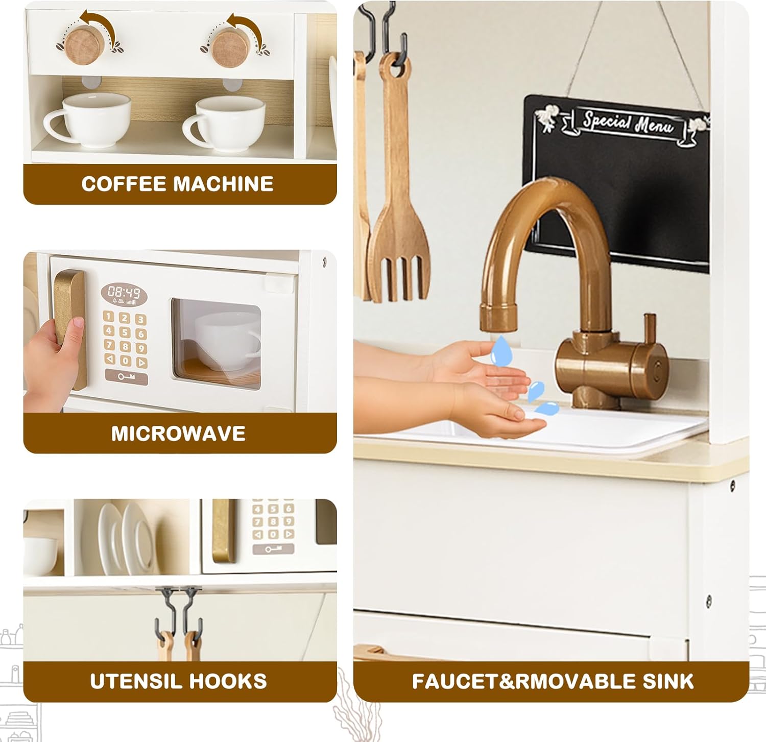 Dual-Sided Play Kitchen for Kids Toddlers, 2-in-1 Grocery Store&Wooden Toy Kitchen Set with Coffee Machine,Pretend Kitchen Play Set with Microwave, Oven, Gift for Boys Girls