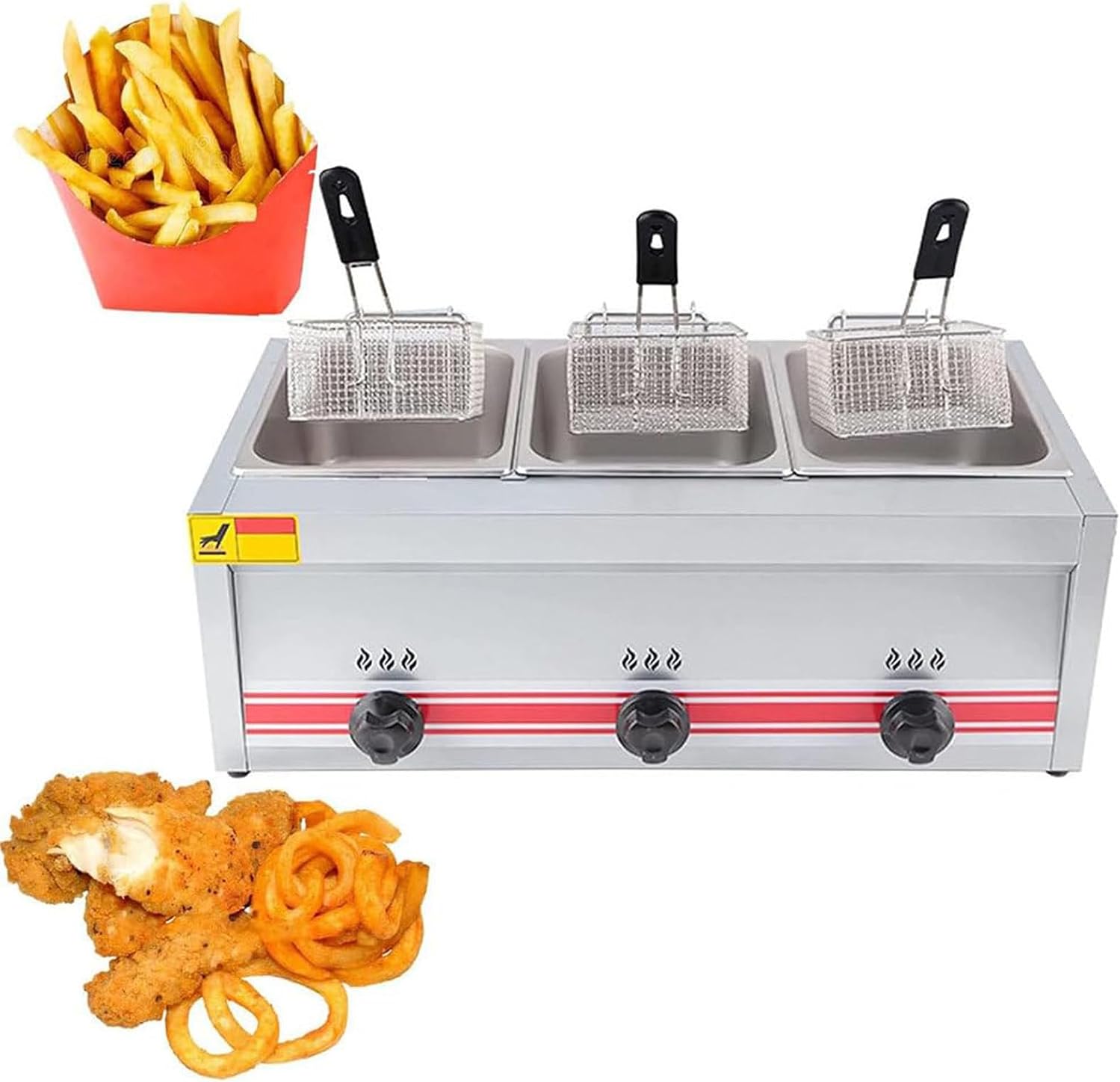 Commercial Gas Fryer Stainless Steel Oil Fryer with Frying Baskets Adjustable Temperature and Time for Onion Rings Fried Chicken Snack Bars,Triplecylinder10l+10l+10l