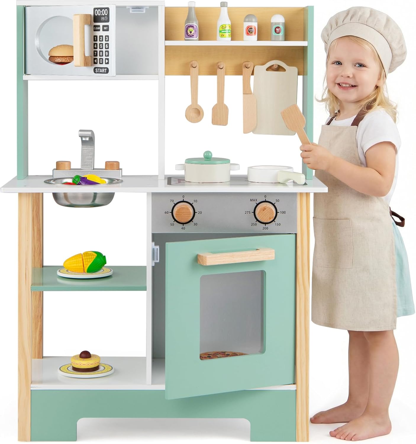 Costzon Kids Play Kitchen, Wooden Toy Kitchen w/Microwave, Water Sink, Oven, Stoves & Cookware Accessories, Pretend Kitchen Playset with Storage for Toddlers, Gift for Boys and Girls Aged 3+