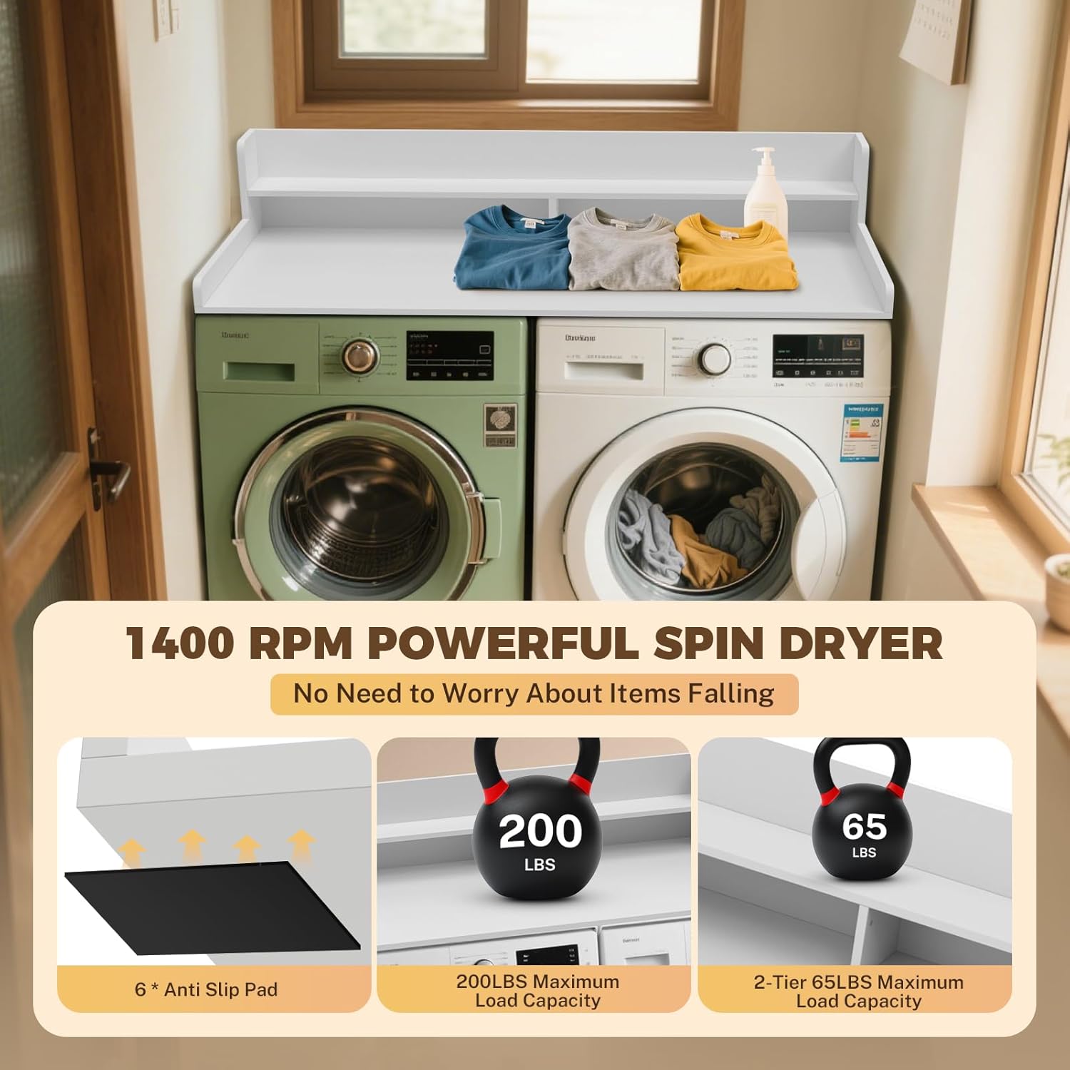 FAHKNS 2-Tier Washer Dryer Countertop - Solid Wood Laundry Topper with Anti-Slip Mat, 54