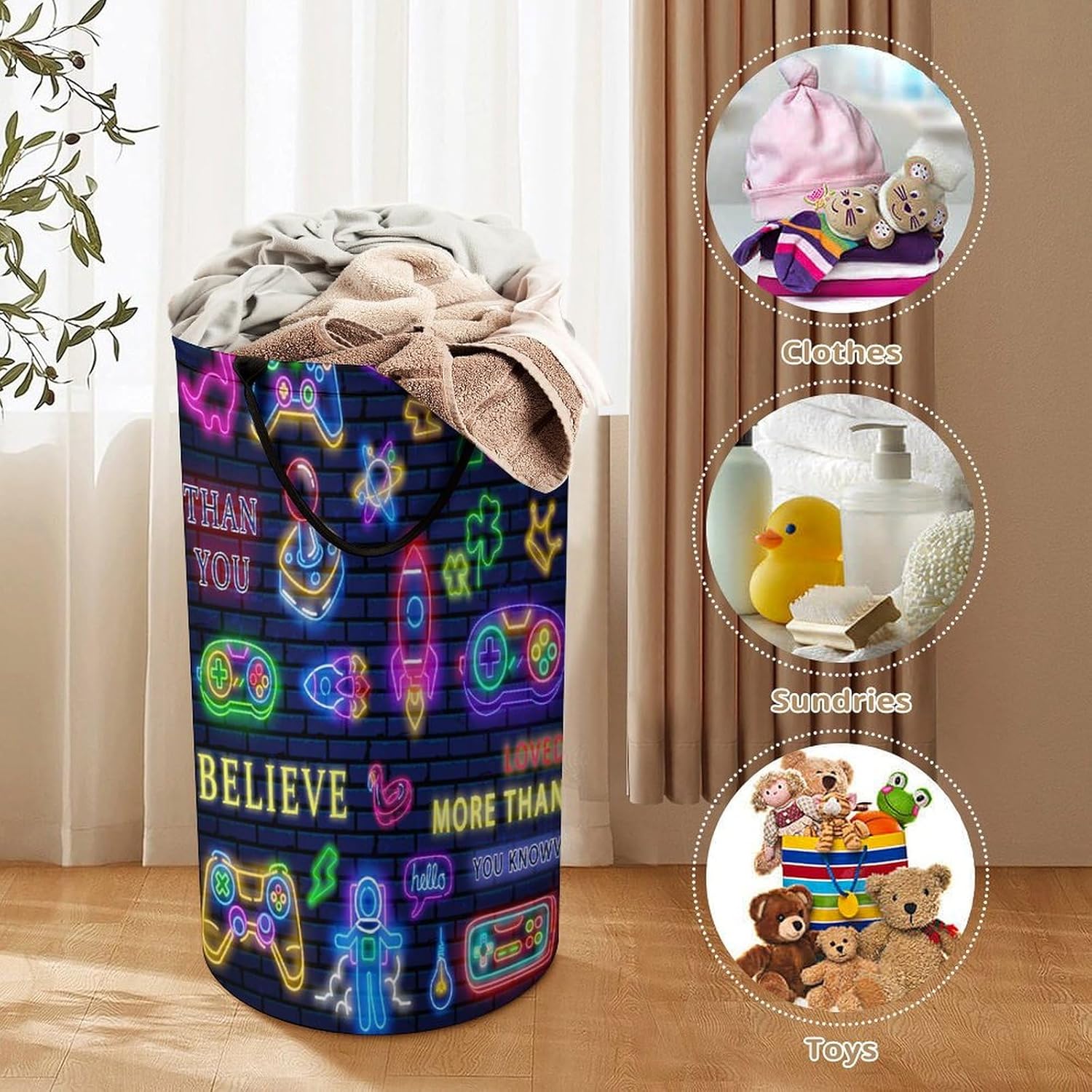 Watercolor Cool Gamer Laundry Hamper Dirty Clothes,Colourful Neon Gamepad Gaming Video Game Controller Large Laundry Basket Storage Basket For Bathroom 15.7W