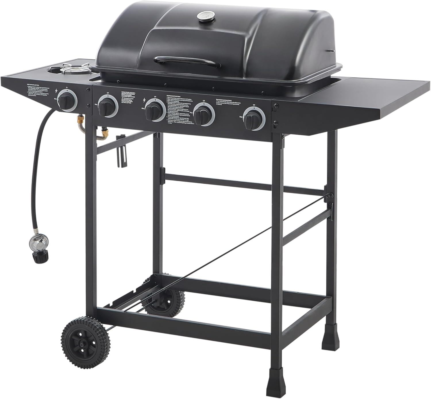 5 Burner BBQ Propane Gas Grill with Side Burner 42000 BTU Output Stainless Steel Barbecue Grill with Enamel-Coated Grates and Side Tables for Outdoor Cooking Kitchen and Patio Backyard.