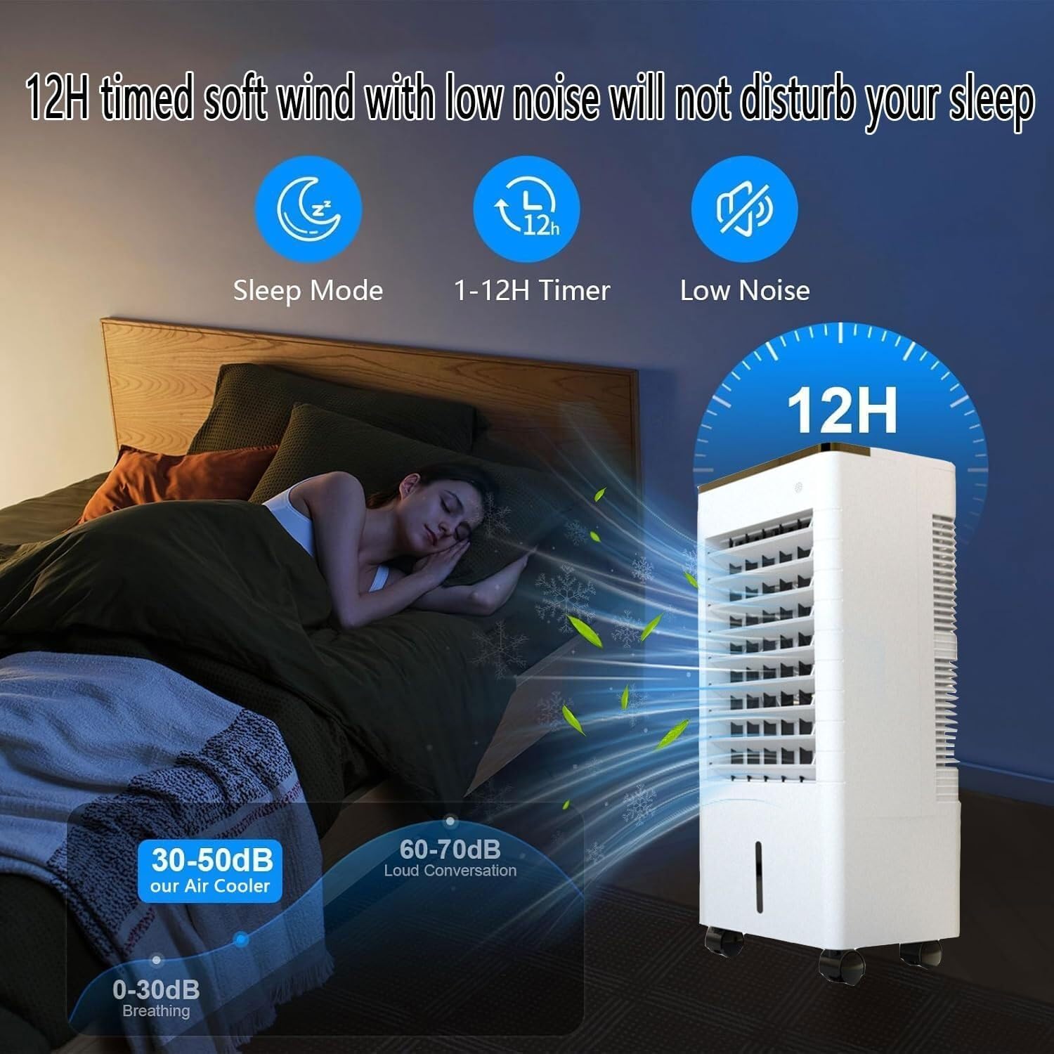 Portable Air Conditioner Evaporative Air Cooler, 3-in-1 Cooling Fan with 90° Oscillation, 12H Timer, 3 Speeds, Windowless AC for Bedroom, Office, Indoor Use