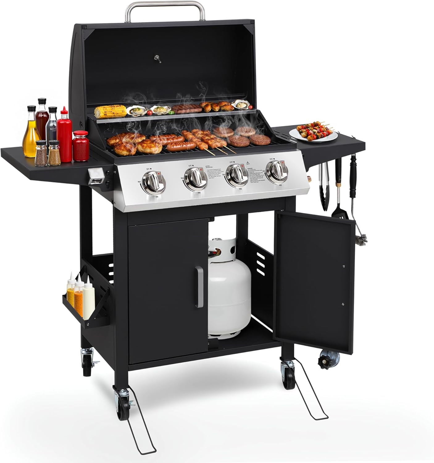 HUGROVE 4 Burner Propane Gas BBQ Grill with Wheels, 40,000 BTU Output Stainless Steel Barbecue Grill for Backyard & Outdoor Cooking Easy to Assemble, Foldable Side Tables & Spice Rack (Black)