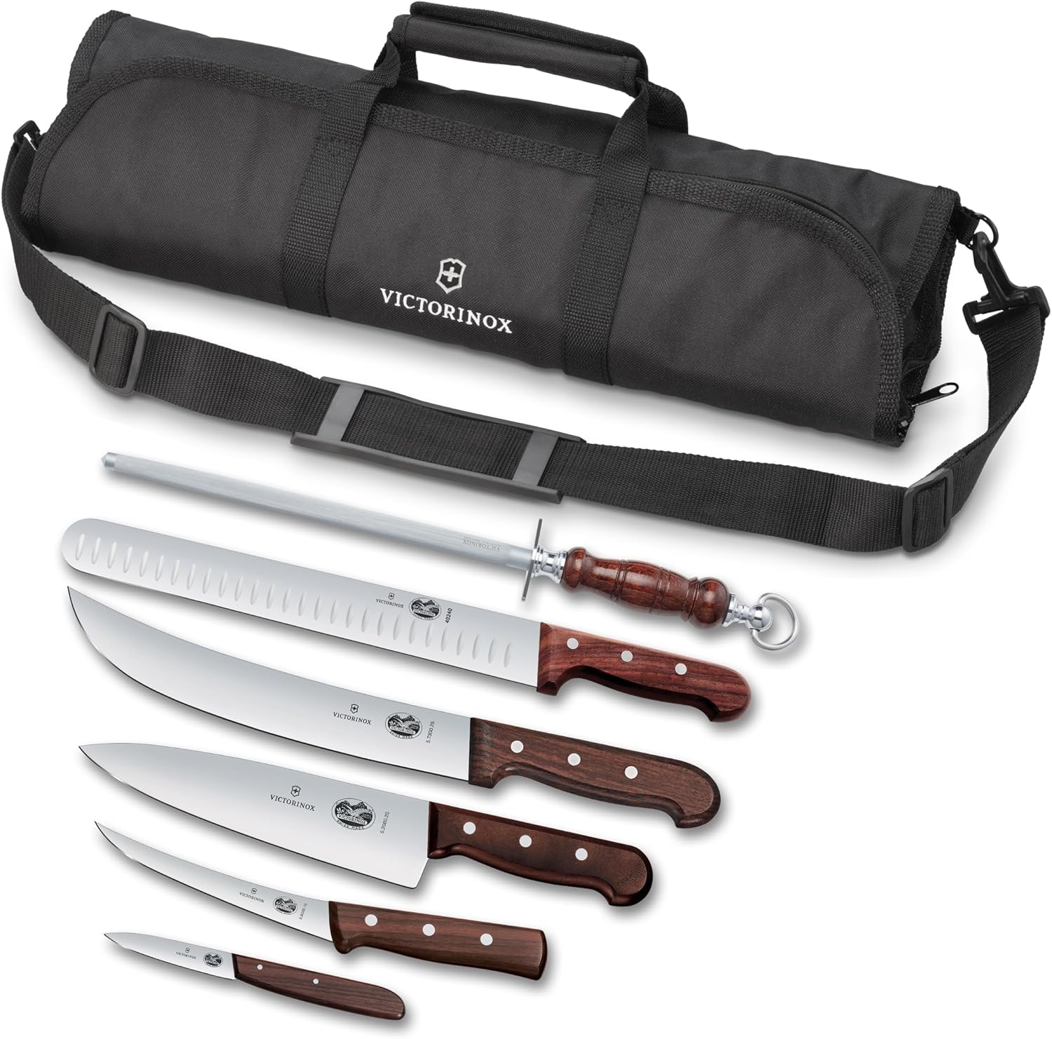 Victorinox Wood 7 Piece BBQ Cutlery Roll Set with 3.25 In Paring Knife and Storage Bag