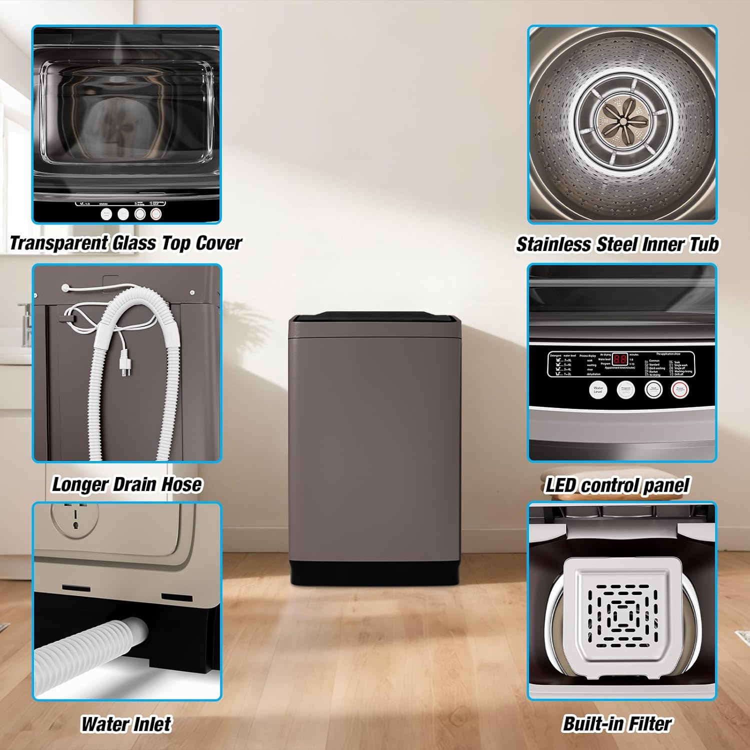 18lbs Portable Washing Machine, Full Automatic Washer and Dryer, 2.4 Cu Ft Compact with Drain Pump, 10 Wash Programs & 8 Water Levels, Ideal for Apartment, RV, Home Use, Brown