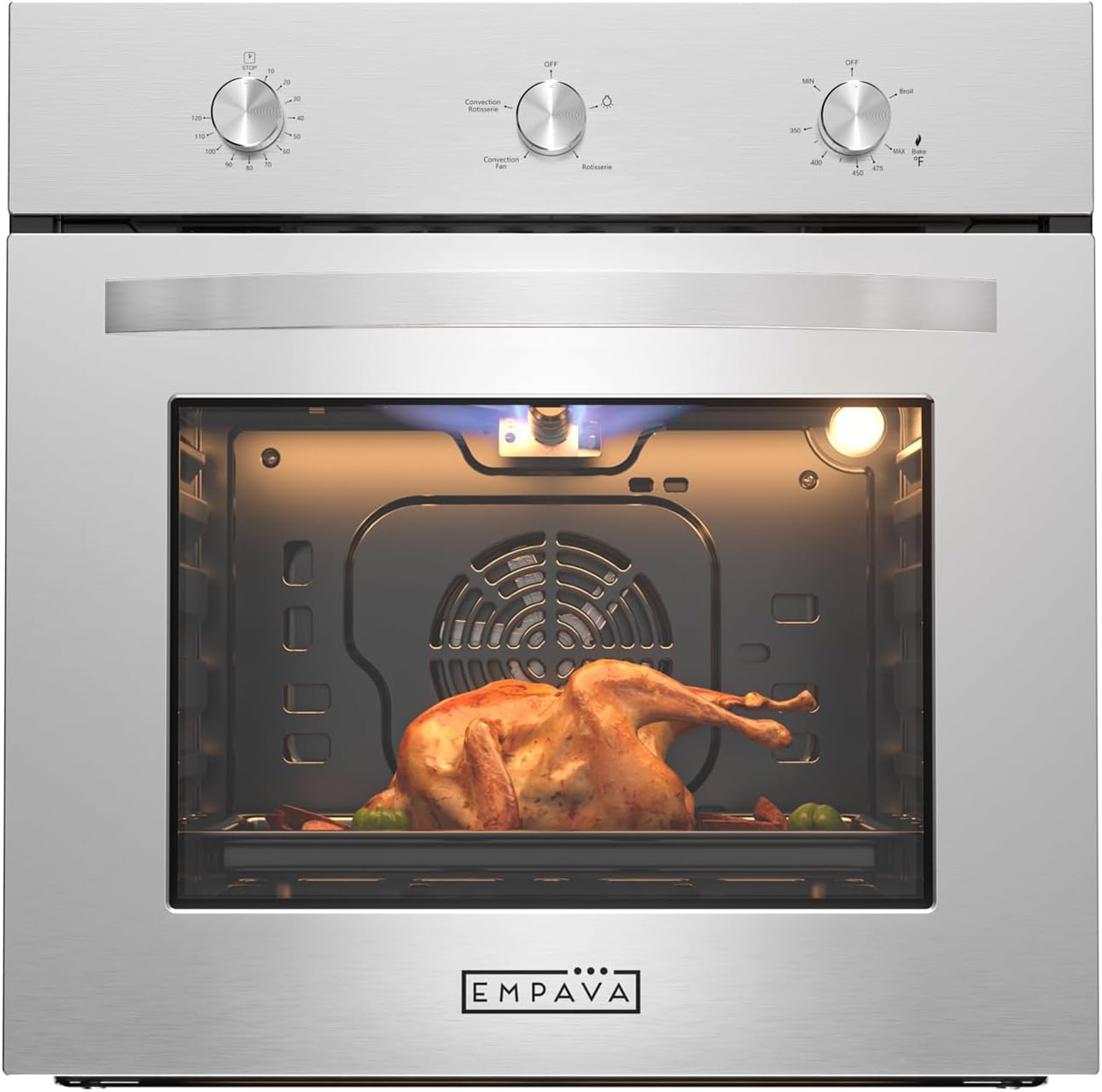 Empava 24 Inch Natural Gas Single Wall Oven with 5 Cooking Modes, Convection Fan and Rotisserie, Knob Control, Stainless Steel
