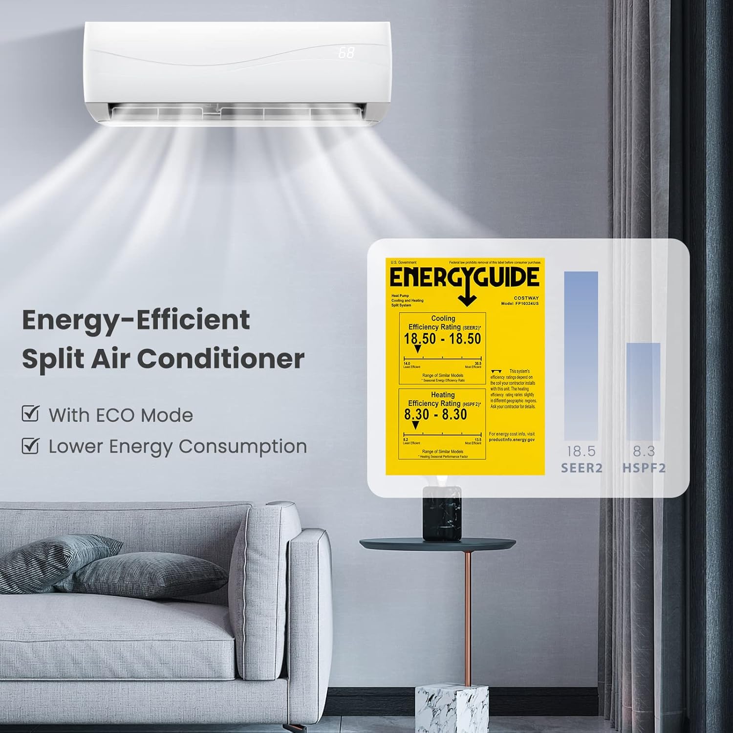 KOTEK 24000 BTU Mini Split AC/Heating System, 18.5 SEER2 Inverter Ductless AC Unit, Cools Up to 1500 Sq. Ft, Wall Mounted Air Conditioner w/Heat Pump, Installation Kit(24000BTU, 208-230V, 18.5 SEER2)