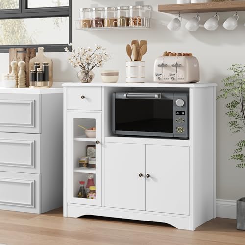 HORSTORS Microwave Cabinet, Kitchen Storage Cabinet with 3 Doors and 1 Drawer, Buffet Sideboard with Adjustable Shelves, Microwave Stand for Kitchen, Dining Room, White