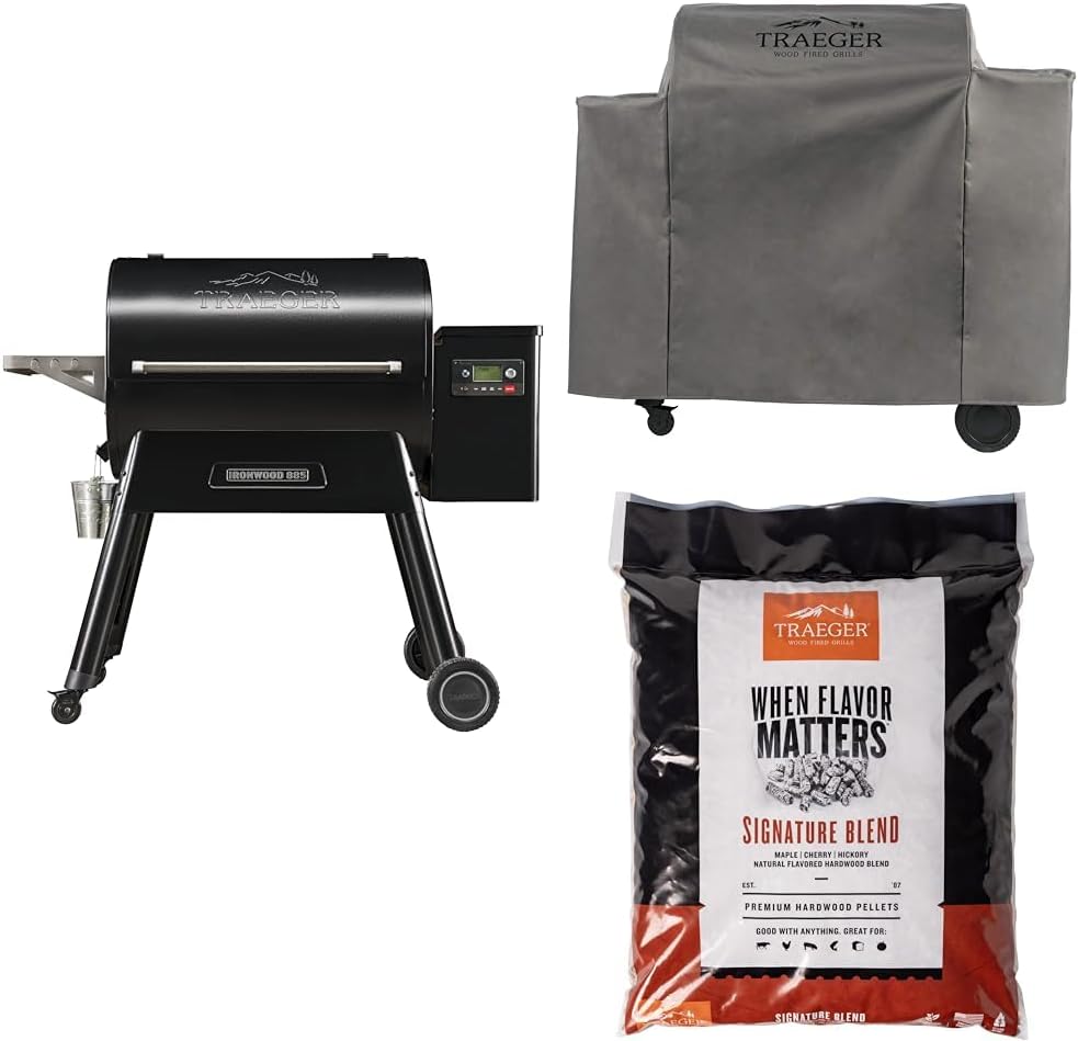 Ironwood 885 Wood Pellet Grill and Smoker with Full-Length Cover and Signature Blend Pellets 18 lb Bag