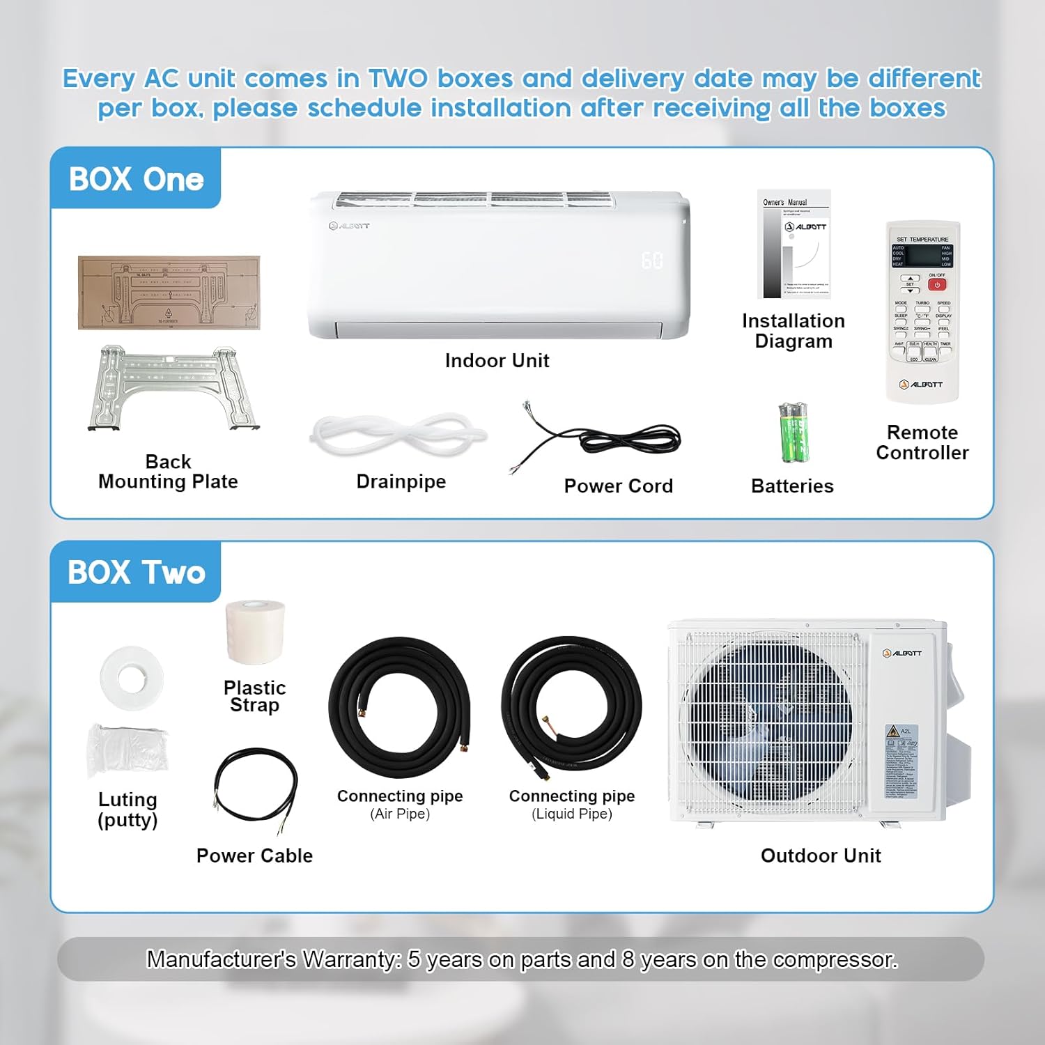 Albott Mini Split Air Conditioner Heat Pump, 9000 BTU 18.5 SEER2 220V Inverter Ductless Wall AC Unit Cools Rooms up to 450 Sq. Ft, 14.8ft Installation Kit, White