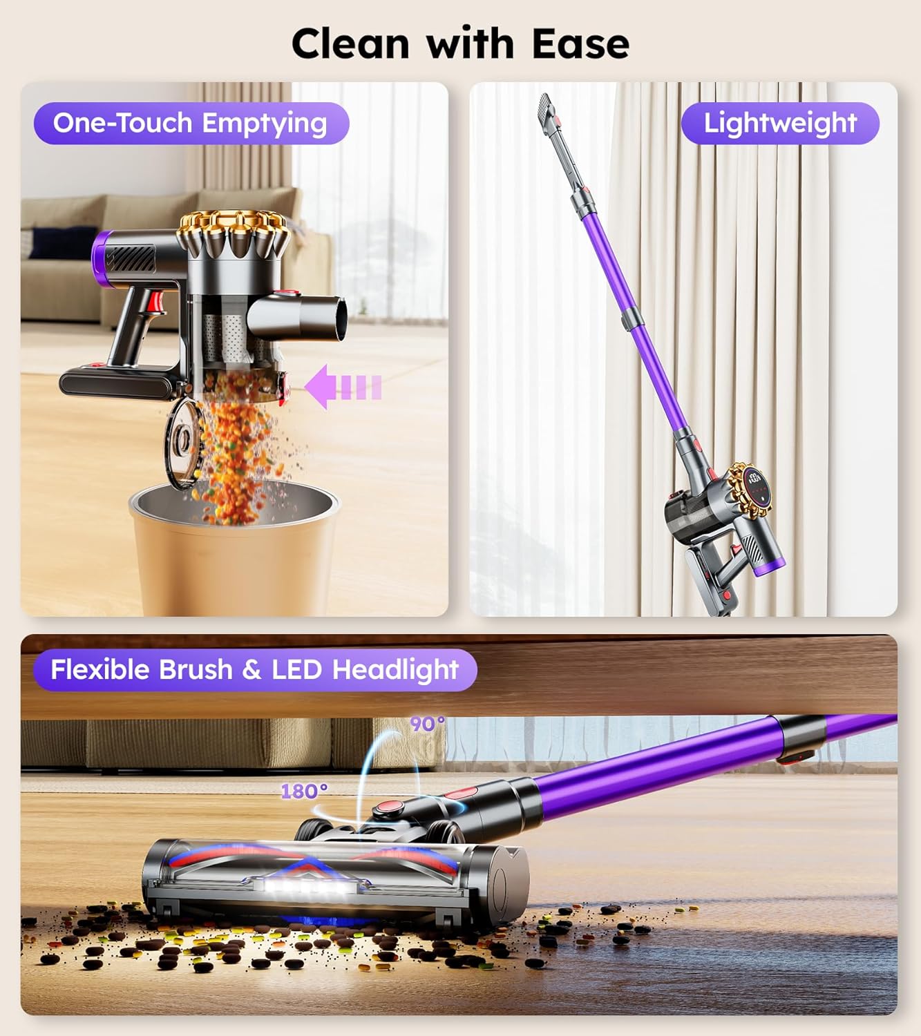 Cordless Vacuum Cleaner,Upgraded 550W 45KPA 60Mins Vacuum Cleaners for Home,Self-Standing Stick Vacuum with LED Display,8 in 1 Lightweight Anti-tangle Wireless Vacuum for Pet Hair Carpet Hard Floors