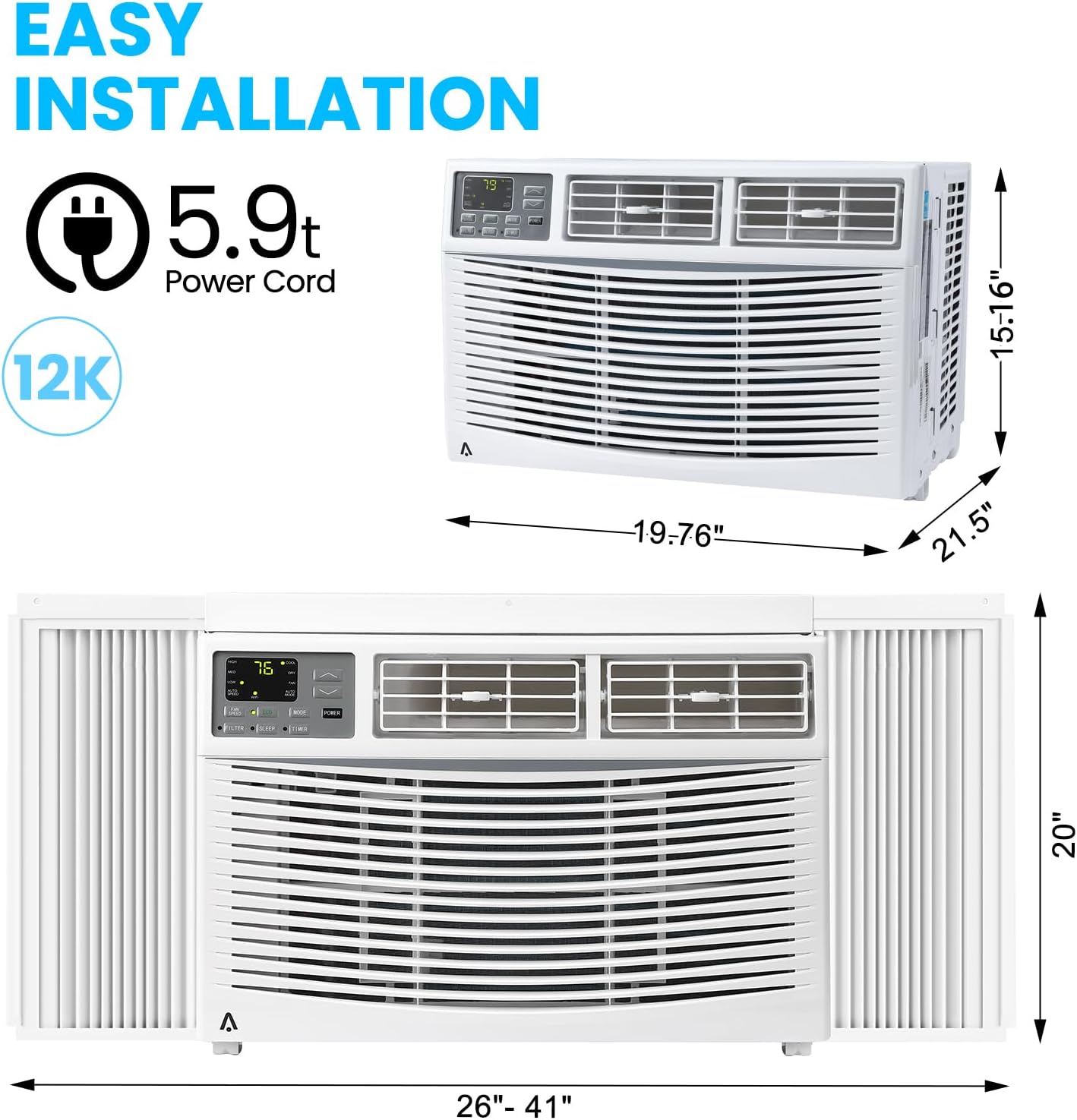 12000btu Window Air Conditioner With Wi-fi Enabled, Remote Control, Cooling Up To 550sq.ft, 115v Wall Mounted Window Ac Units For Rooms, Dehumidifier, Fan, Reusable Filter