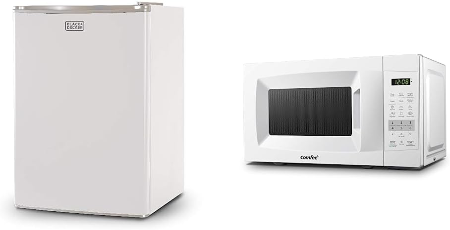 BLACK+DECKER BCRK25W Compact Refrigerator Energy Star Single Door Mini Fridge with Freezer, 2.5 Cubic Ft., White & COMFEE' EM720CPL-PM Countertop Microwave Oven with Sound On/Off, ECO Mode and Easy