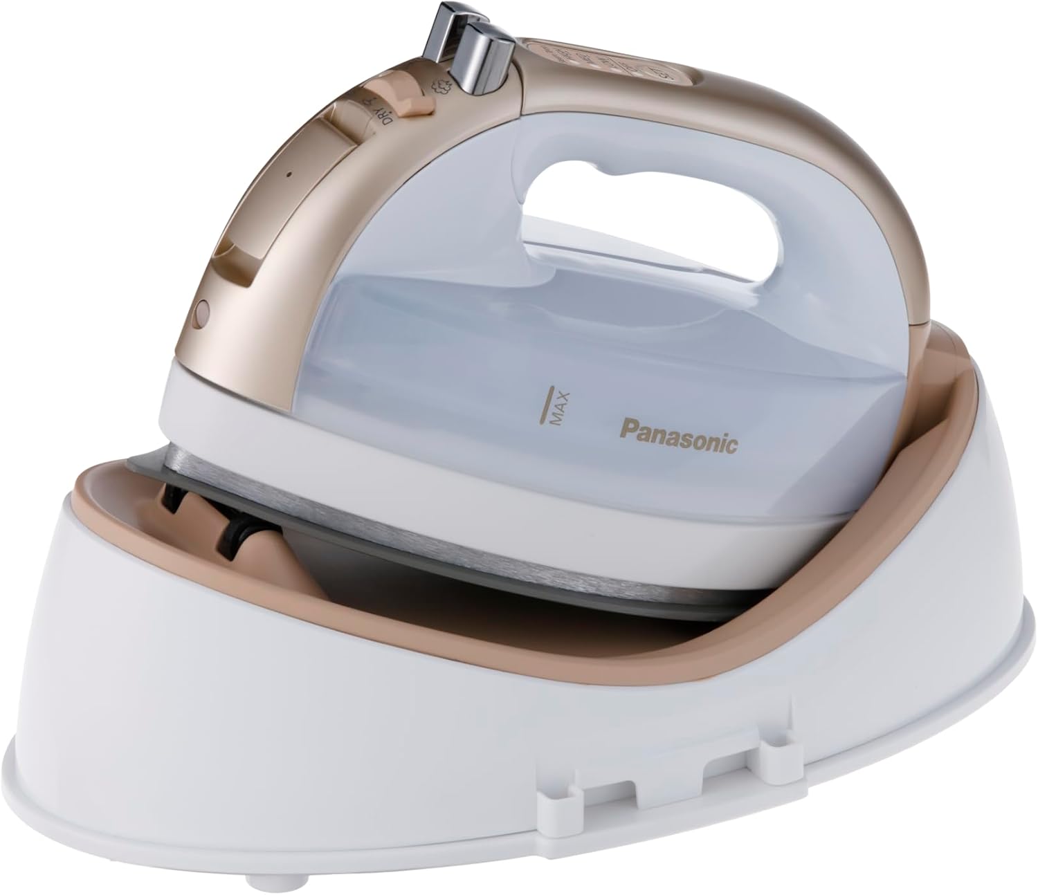 Panasonic 360 Freestyle Cordless Iron - Cordless Steam Iron for Clothes with Ceramic Charging Base, Vertical Steam Irons, Compact Heavy Duty Press Ironing Machine (Gold)