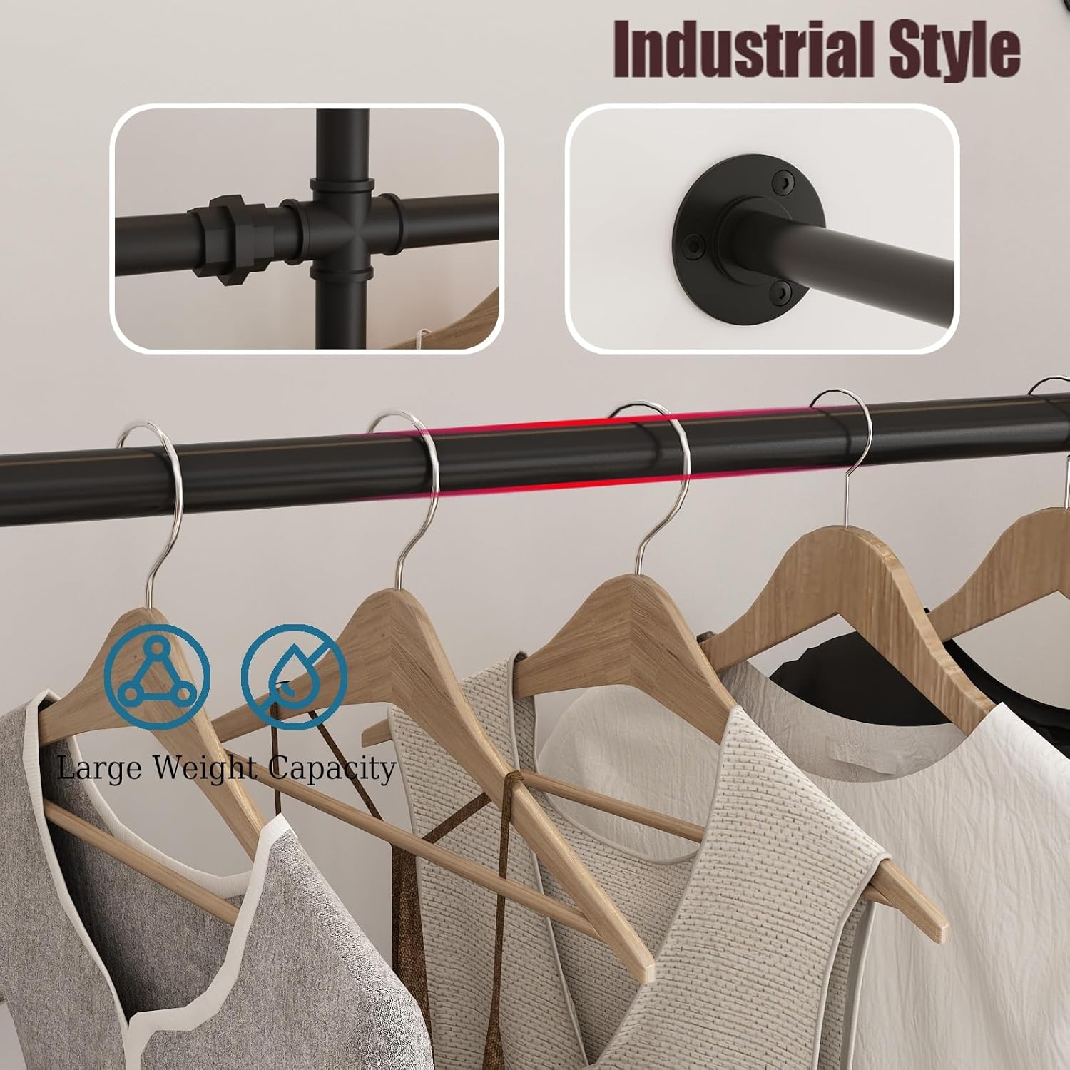 Industrial Pipe Clothing Rack Wall Mount, Black Pipe Clothes Rack with 6 Hanging Rods, Heavy Duty Pipe Clothing Rack for Laundry Room, Closet Systems for Walk in Closets