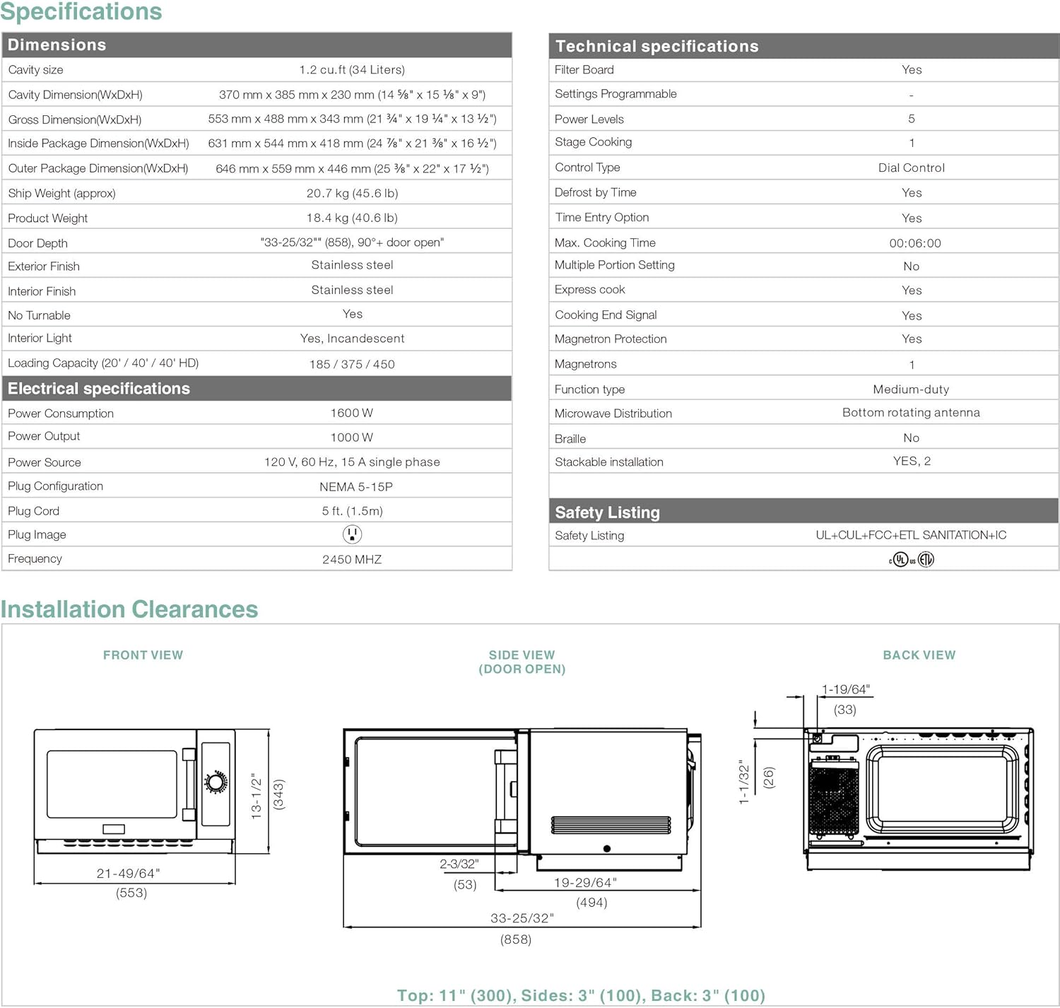 Midea Equipment 1034N0A Countertop Commercial Microwave Oven with Dial, 1000W, Stainless Steel, 1.2 CuFt