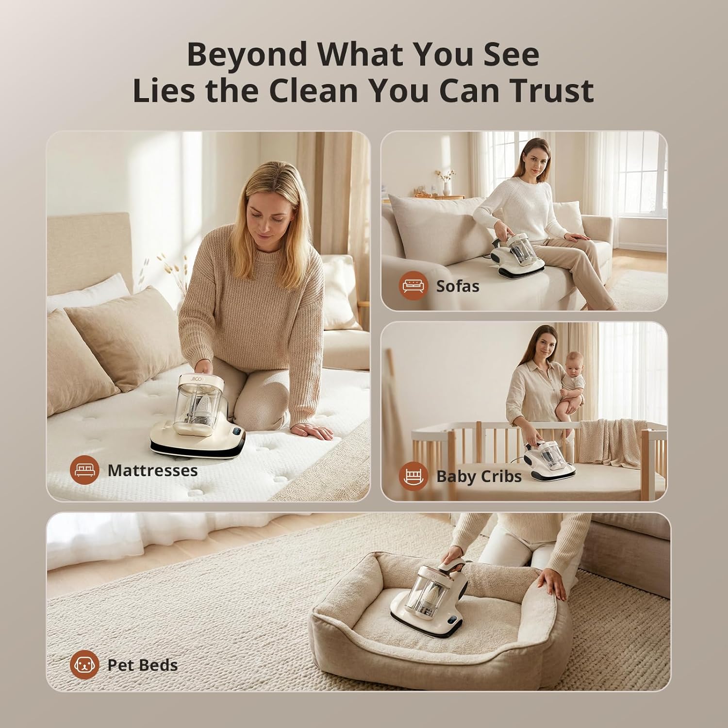 JIGOO Mattress Vacuum Cleaner UV Sanitizing, Anti-allergen Bed Cleaner with 12Kpa Suction, Handheld Vacuums for Dust & Pet Hair, Effectively Clean Up Bed, Pillows, Cloth Sofas, Carpets