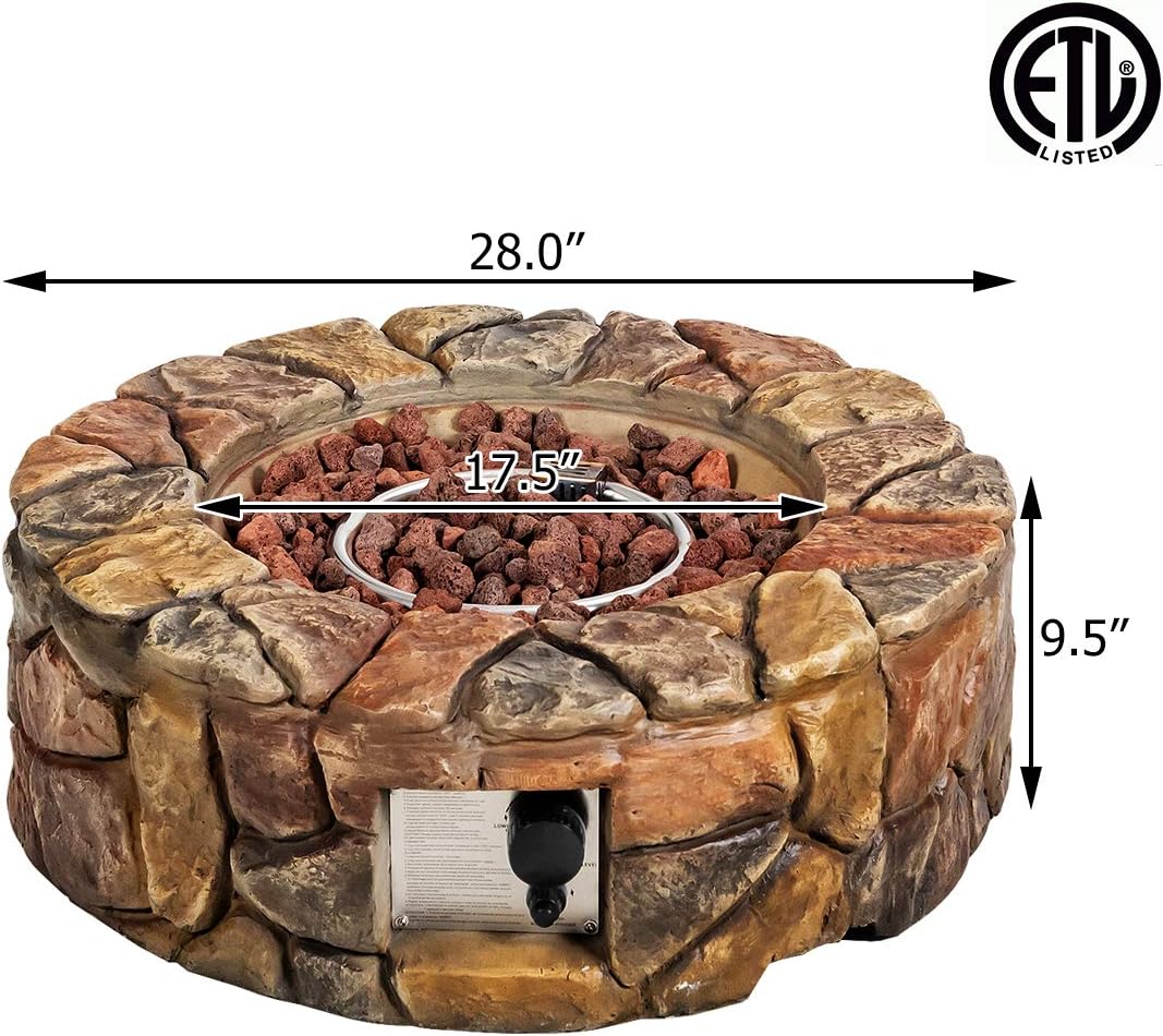 Giantex Gas Fire Pit, 28 Inch 40,000 BTU Propane Fire Pit Outdoor w/Natural Stone, Cover, ETL Certification, Stainless-Steel Gas Burner w/Electronic Ignition Lava Rock (Brown)