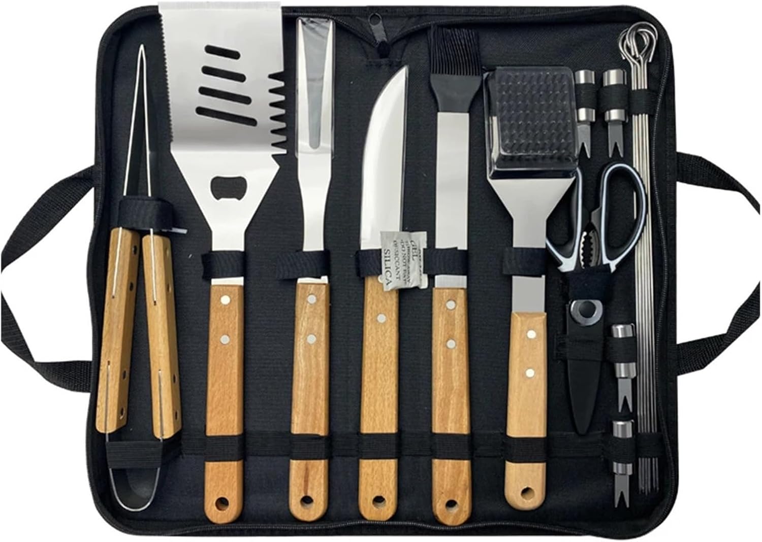 Outdoor Camping Barbecue Tool Combination Wooden Handle Fork Shovel Clip BBQ Accessories Cloth Bag Stainless Steel Grill Set