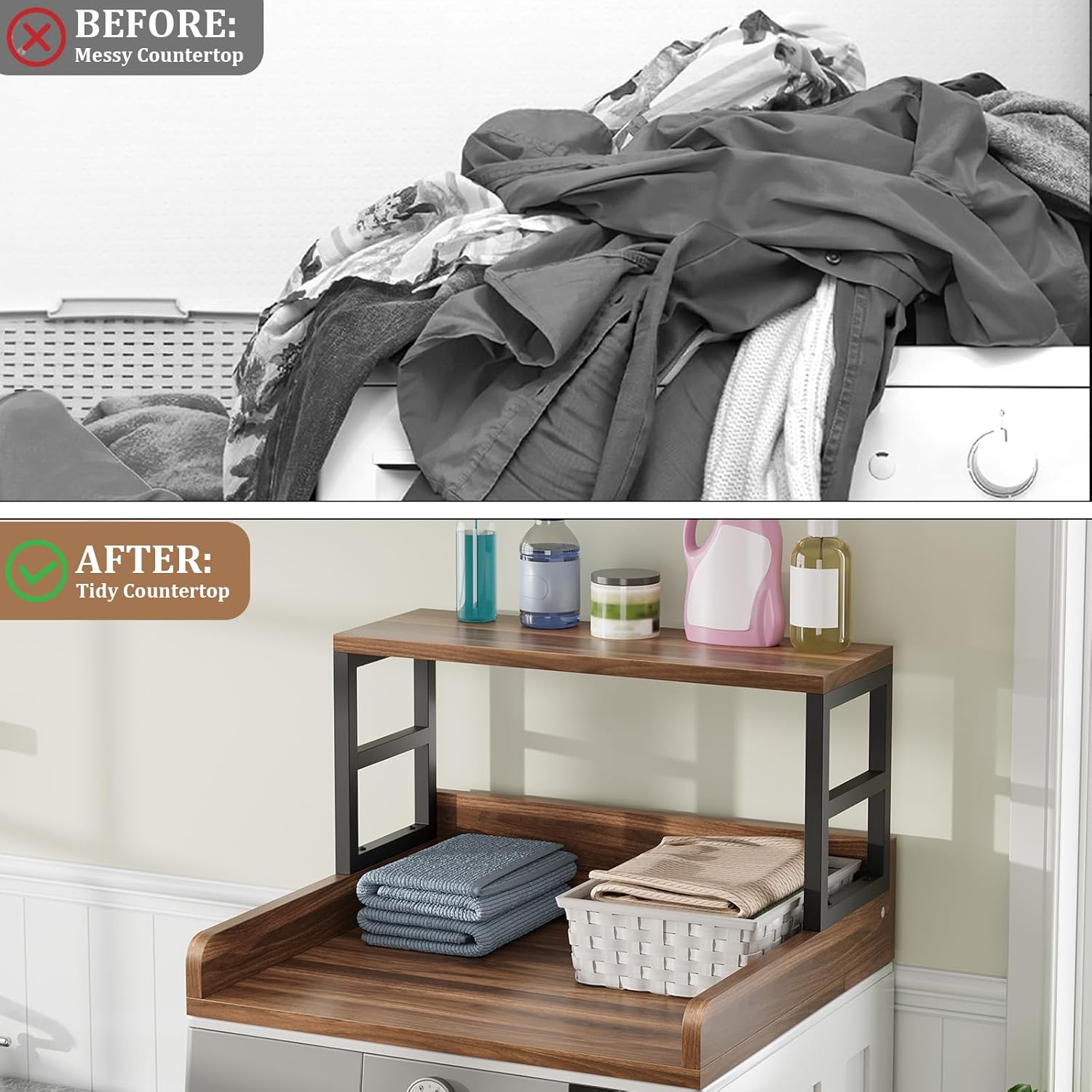 Washer Dryer Countertop with Shelf, 27.5″D x 27.5″W x 16.7″H, Countertop for Washer and Dryer Top with Non-Slip Pads and Edge Rails, Laundry Room Storage and Organization(Walnut)