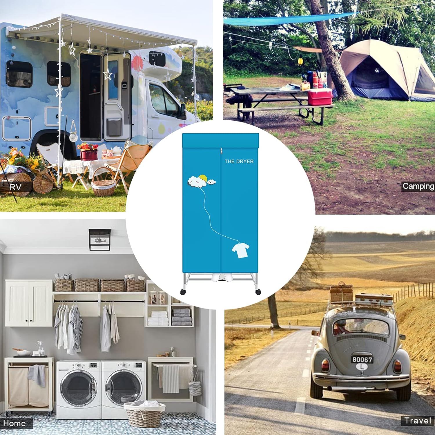 Portable Dryer, 110V 1000W Electric Clothes Dryer Machine, Double Layer Stackable, Stainless Steel, Blue, 15kg Capacity, Front Load, Ideal for Apartments, RV, Families, Campers