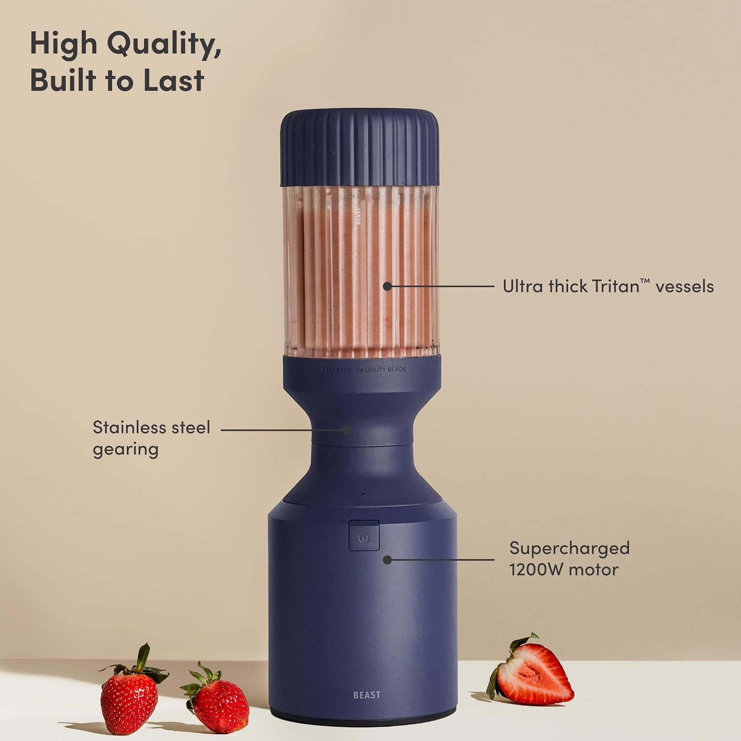 Beast Mega 1200 | Premium Countertop Blender | Smoothies, Shakes, Sauces, Dips, Soups | Blends Ice and Frozen Fruit | Includes Extra Lids and Straw System | 1200W | (Navy, 120V)