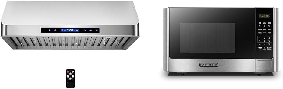 COSMO COS-QS75 30 in. Under Cabinet Range Hood with 500 CFM, Permanent Filters, LED Lights & BLACK+DECKER Digital Microwave Oven with Turntable Push-Button Door, Child Safety Lock