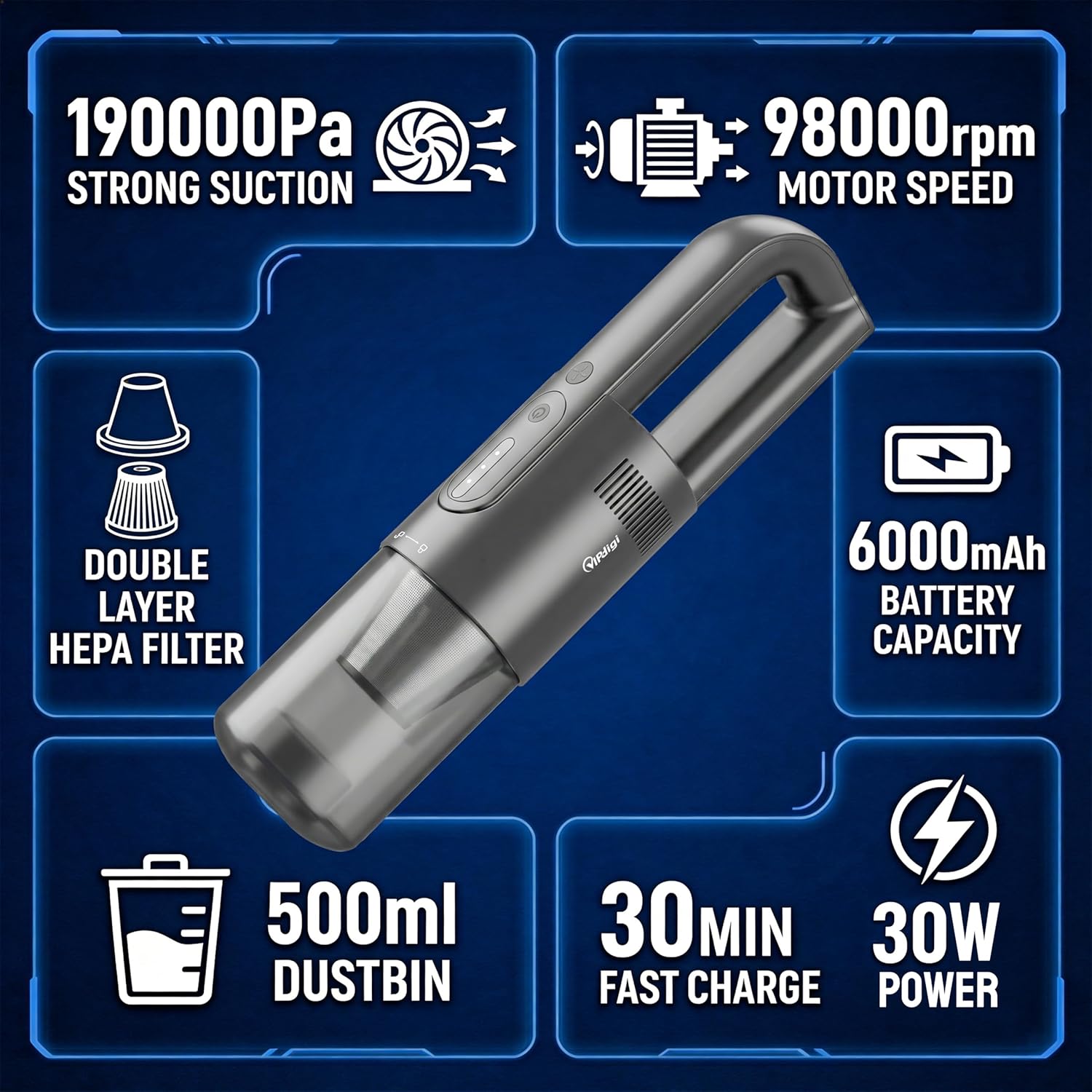 Handheld Vacuum Cordless, 5-in-1 Car Vacuum Portable Cordless 30 Mins Rapid Rechargeable Hand Vacuum Brushless Motor 19000Pa Strong Suction, Dust Busters for Car Home with 4 Nozzles, Gray