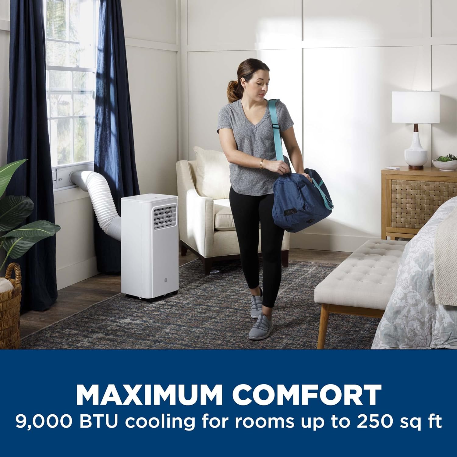 GE 9,000 BTU Portable Air Conditioner for Small Rooms up to 250 sq ft. (6,100 BTU SACC), 3-in-1 with Dehumidify, Fan and Auto Evaporation, Included Window Installation Kit