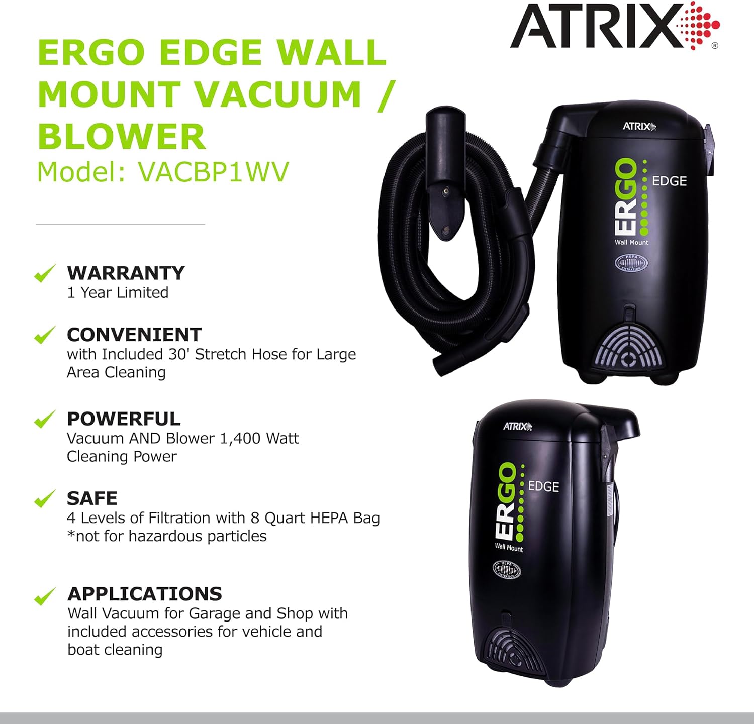 Atrix Ergo Edge Canister Shop Vac - Wall Mounted Garage Vacuum Cleaner with Built-in Dust Bag & Extendable Hose - Compact Black Design 20x9x12