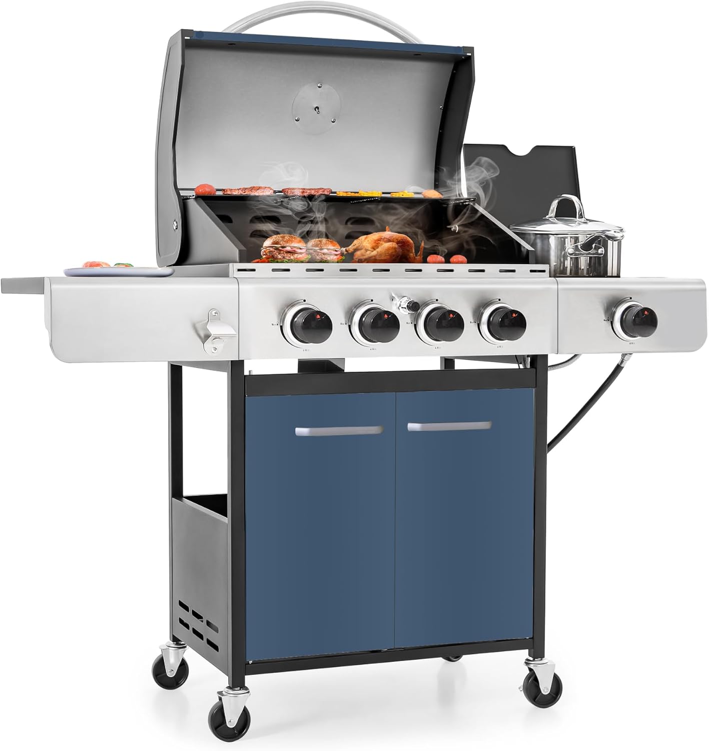 MFSTUDIO 4-Burner Gas Grill with Side Burner, 42000 BTU Stainless Steel BBQ Grill with Porcelain-Enameled Cast Iron Grates, Gas Grills Propane for Outdoor and Patio Backyard Barbecue Cooking, Blue