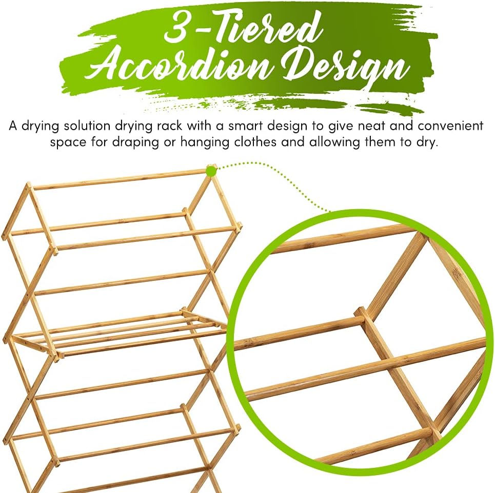 Bartnelli Bamboo Laundry Drying Rack for Clothes, Wood Clothing Dryer, Extreme Stability, Heavy Duty Built, Foldable, Collapsible Space Saving | 2 Size Tiers, Pre-Assembled (X-Large - BDR-552)