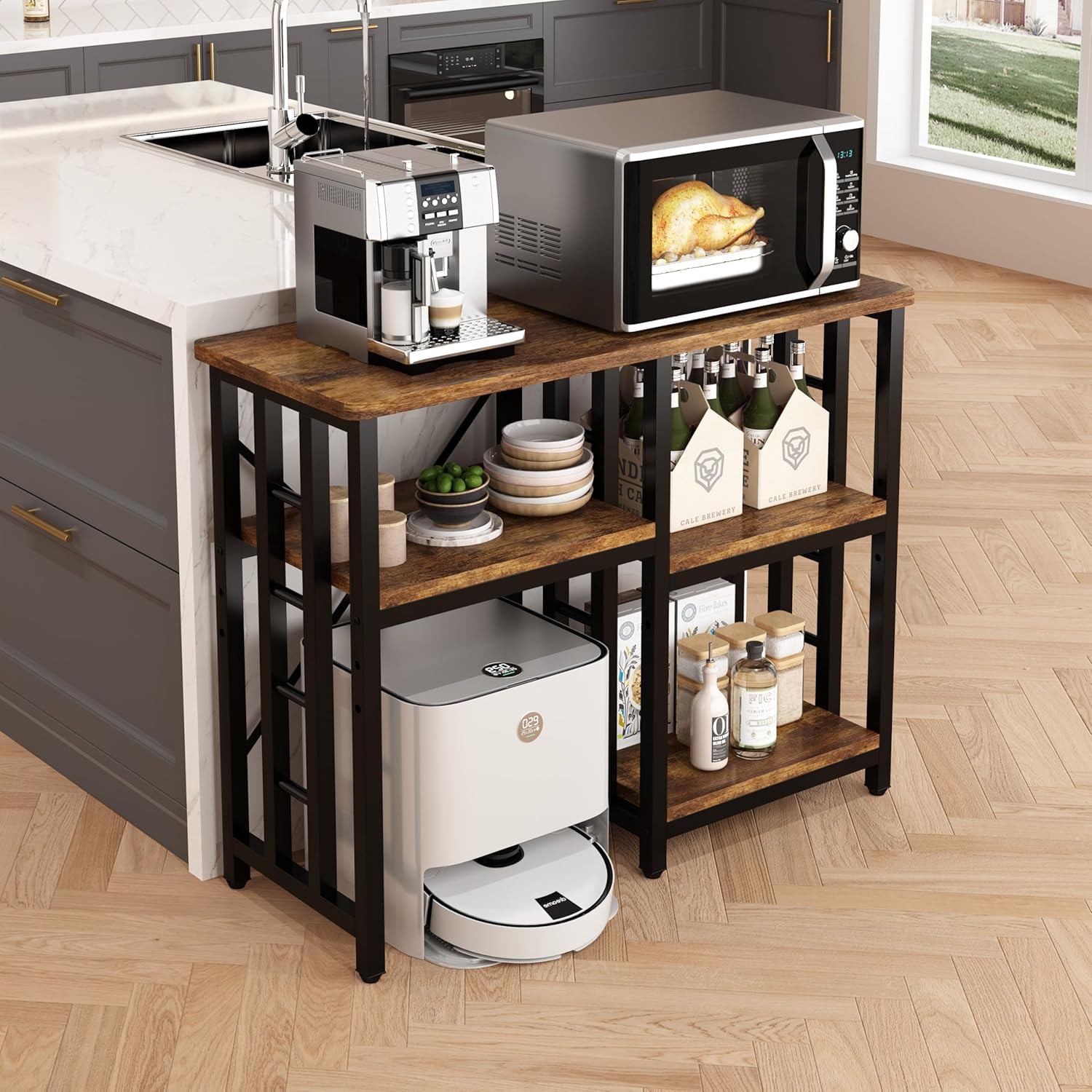 4-Tier Bakers Rack for Kitchens with Storage, Mini Fridge Stand, Microwave Oven Stand Table, Bar Cabinet, Aquarium Stands, Adjustable Shelves Freestadning for Kitchen, Living Room, Office, Patio.