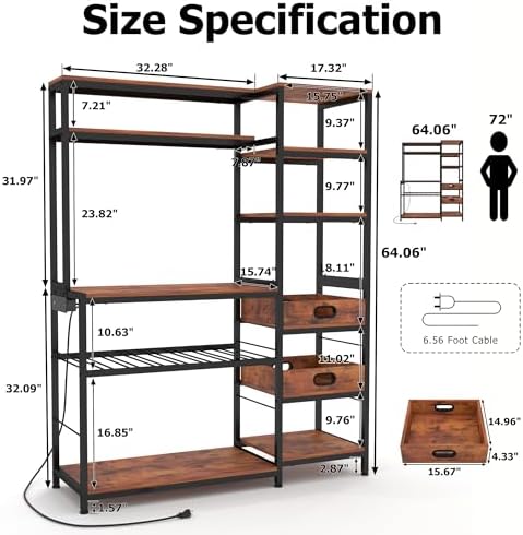 Bakers Rack with Power Outlet,Industrial Microwave Oven Stand with Wooden Serving Trays and Wine Rack,6-Tier Free Standing Kitchen Storage Shelf Bakers Rack,Kitchen Rack Organizer with Storage