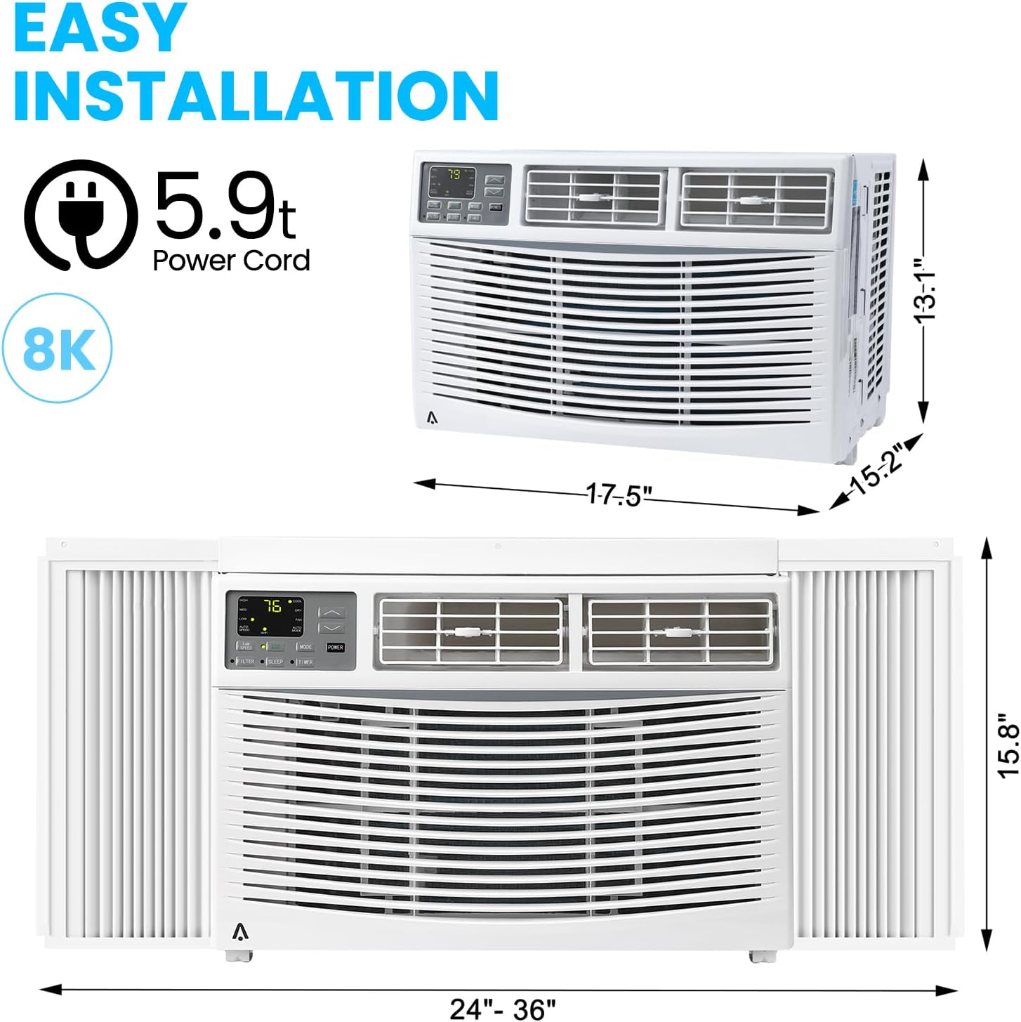 8000 Btu Window Air Conditioner Fast Cooling 350 Sq.ft, Indoor Window Ac Unit With Remote Control, Wi-fi, 115v Window Air Conditioners 8000 Btu For Room With 3 Cool Modes, Fans Speed, Drying